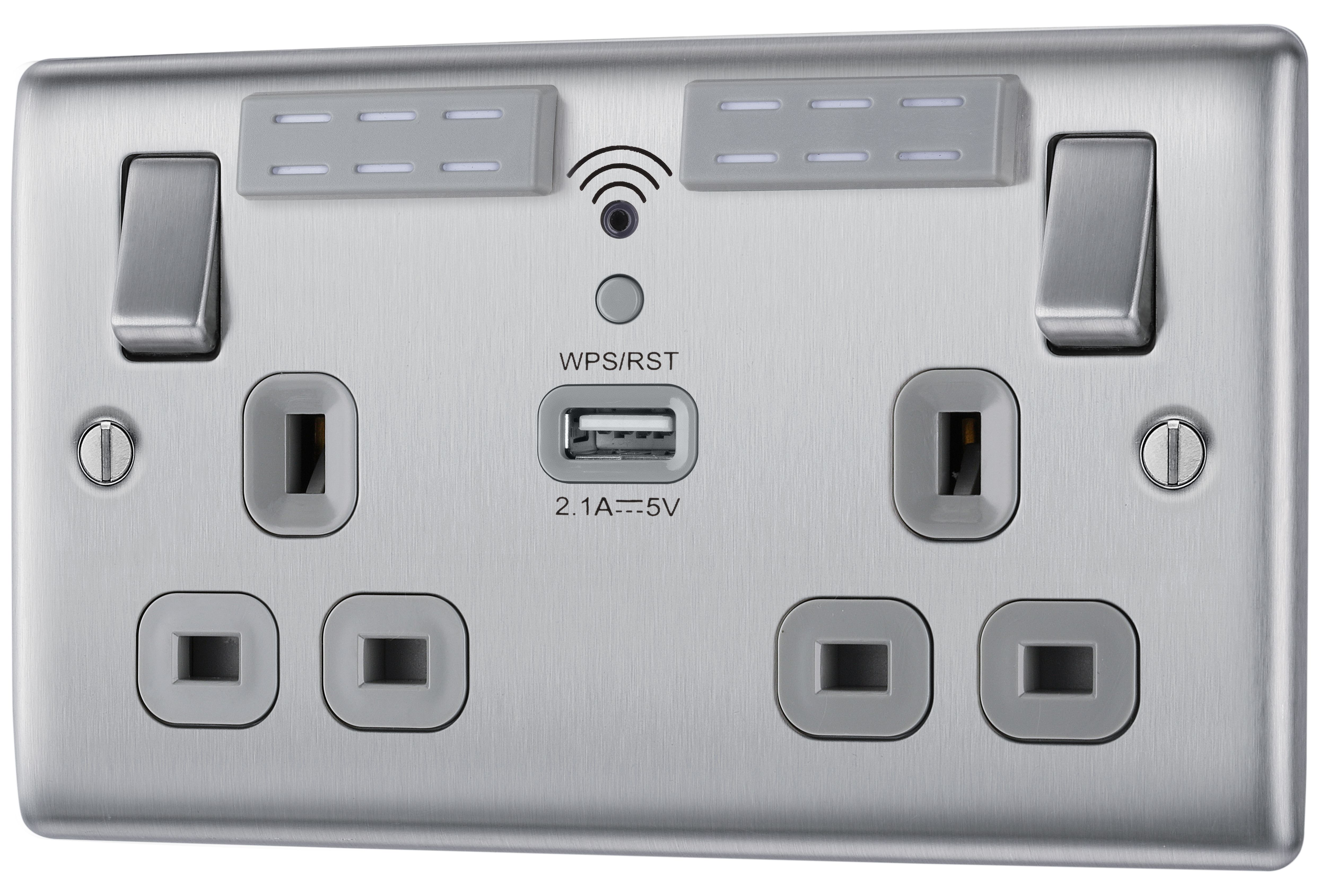 BG Brushed Steel 13A Raised slim Double WiFi extender socket with USB