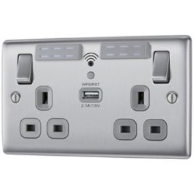 BG Brushed Steel 13A Raised slim Double WiFi extender socket with USB
