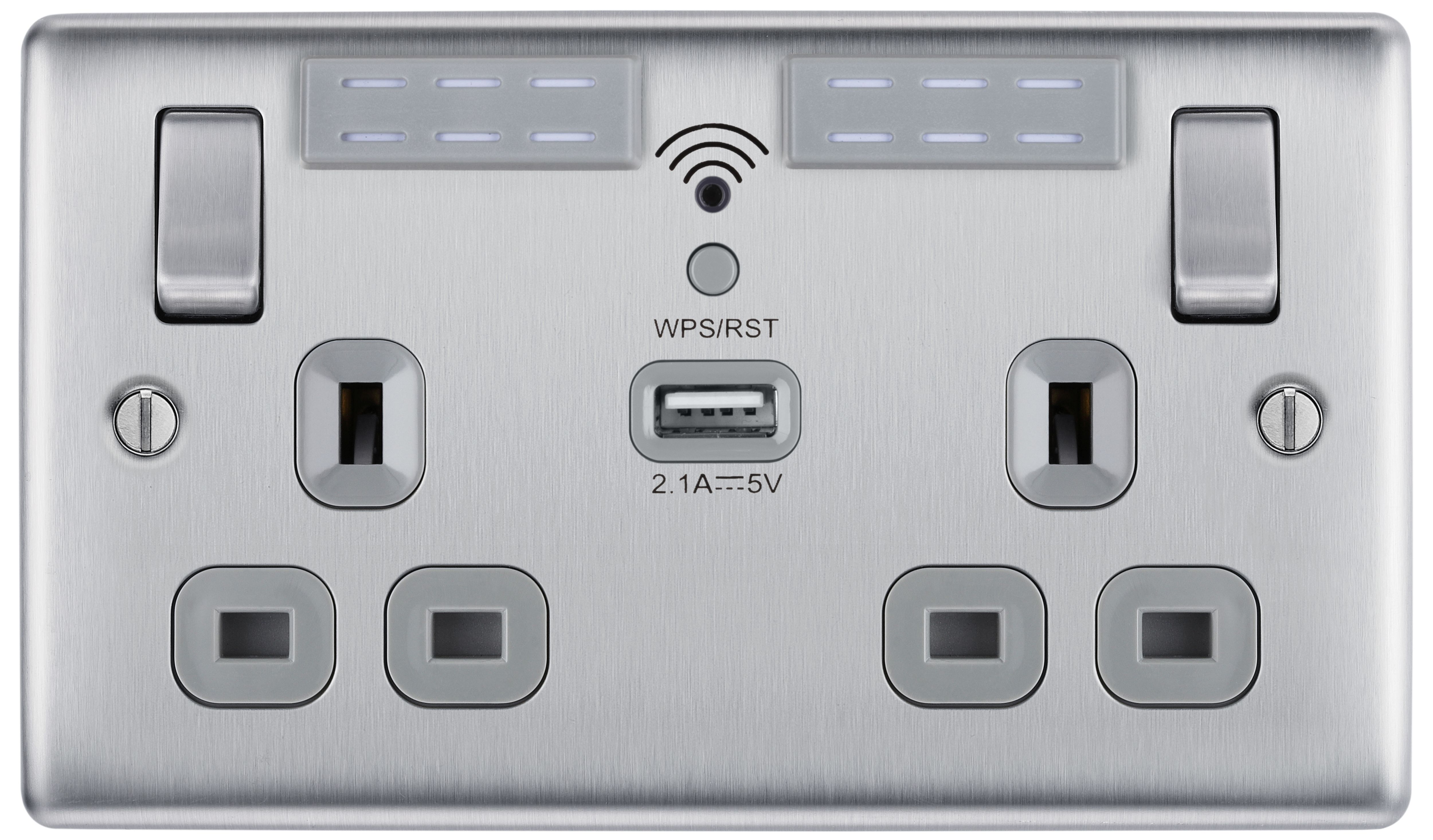 BG Brushed Steel 13A Black Insert WiFi Extender & USB Socket 2 Gang + 1 USB (2.1A)
