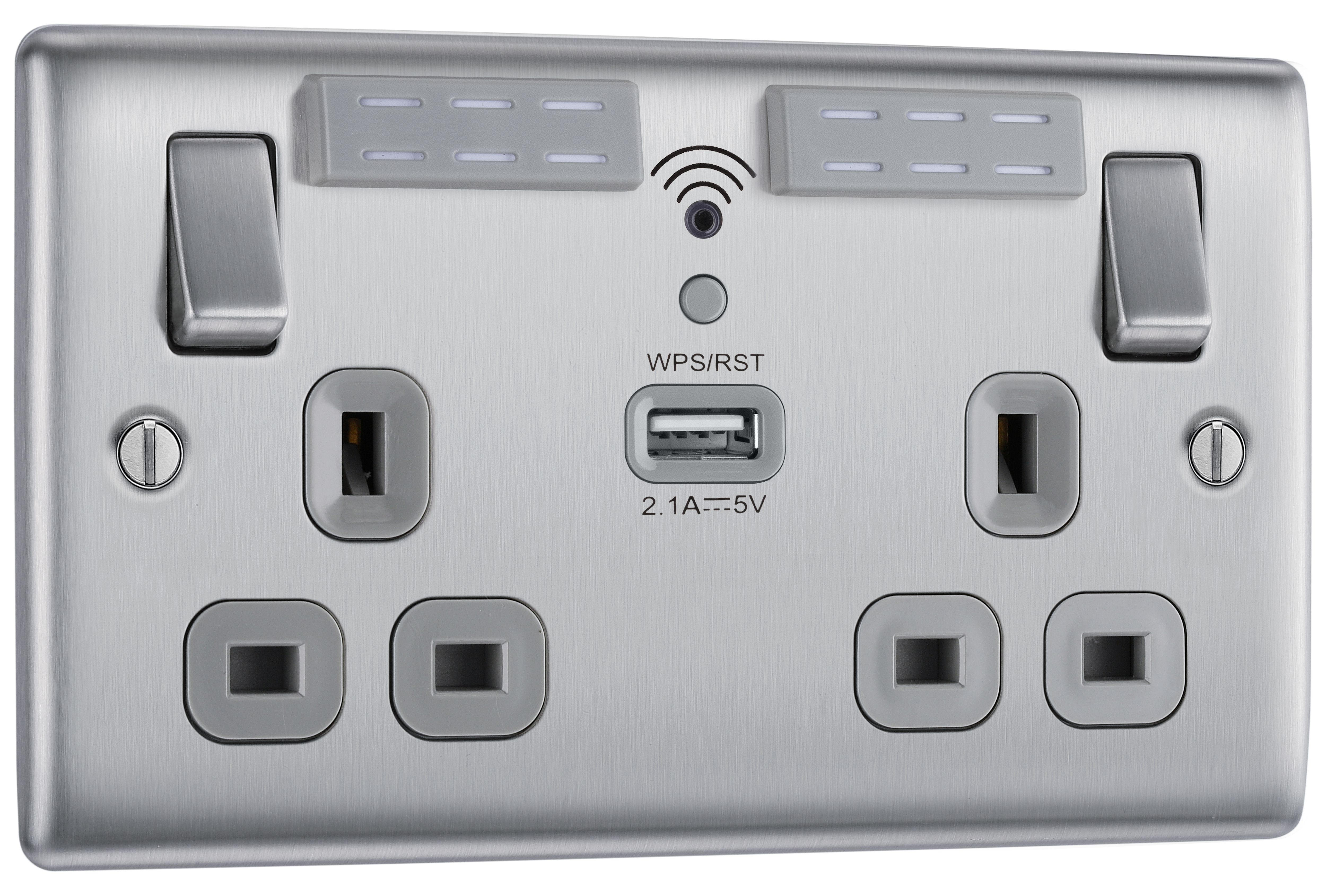 BG Brushed Steel 13A Black Insert WiFi Extender & USB Socket 2 Gang + 1 USB (2.1A) - 3