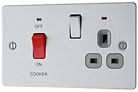 BG Brushed Steel Cooker switch & socket with neon & Grey inserts