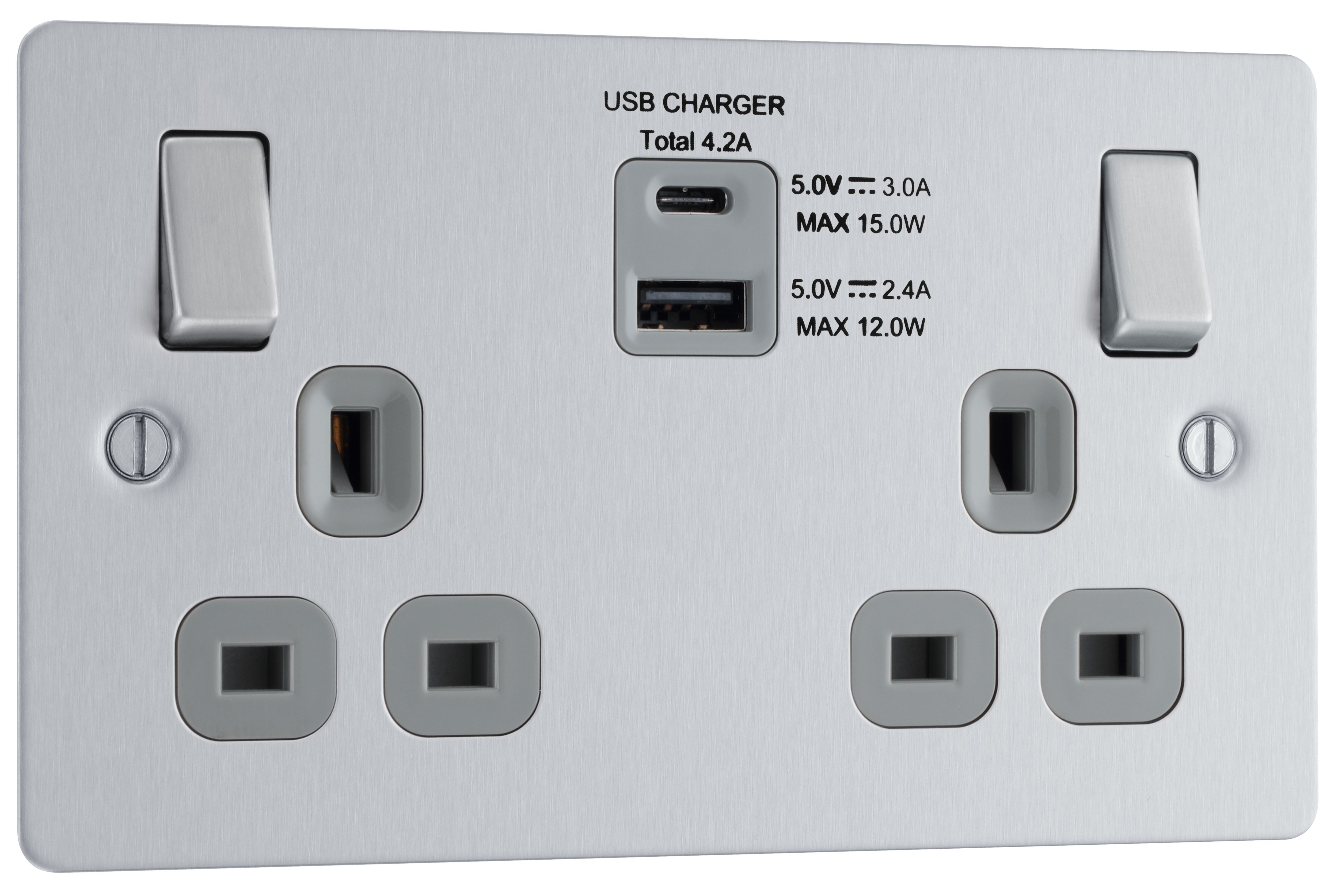 BG Brushed Steel Double 13A Flat Switched Screwed Socket with USB, x2 & Grey inserts