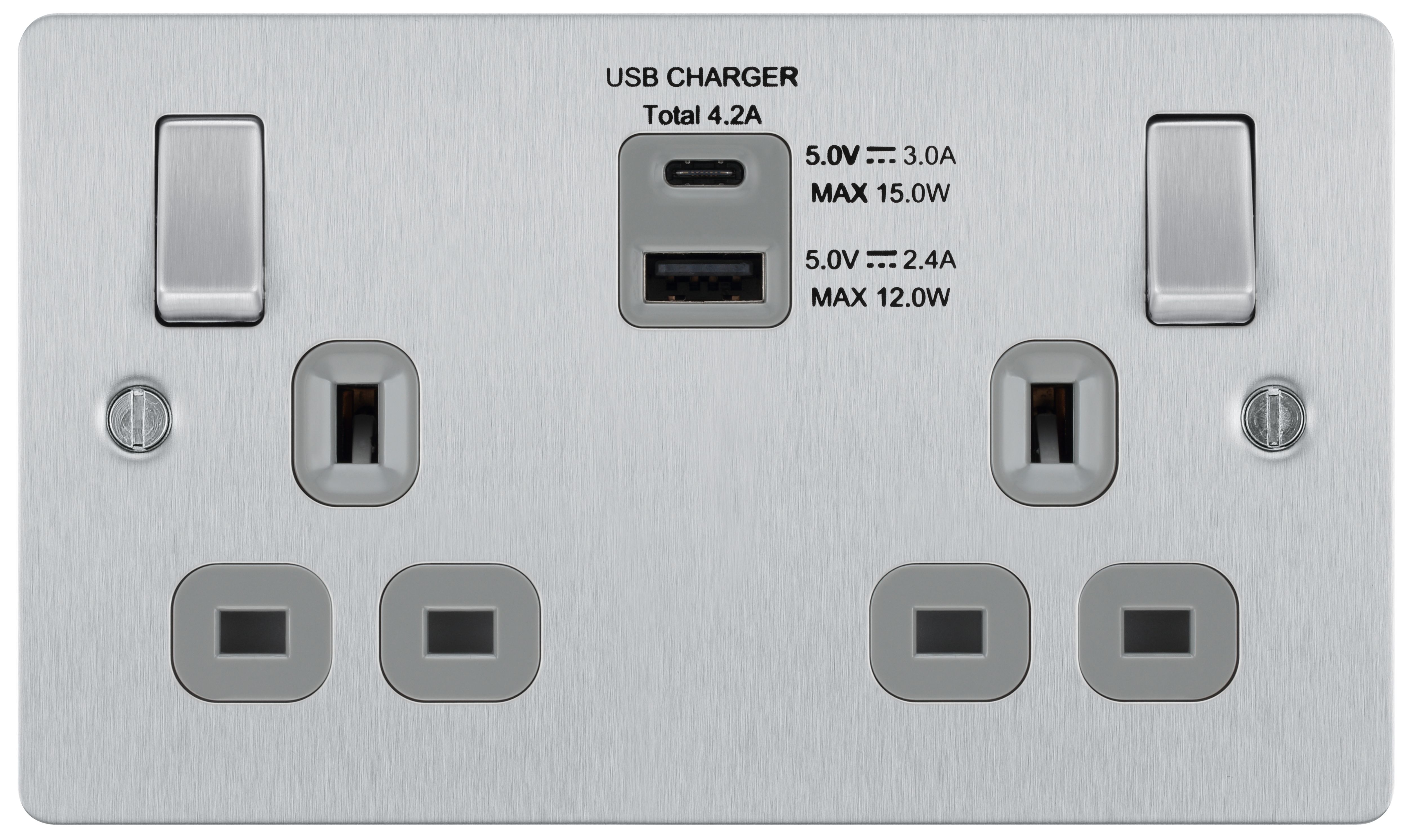 BG Brushed Steel Double 13A Flat Switched Screwed Socket with USB, x2 & Grey inserts
