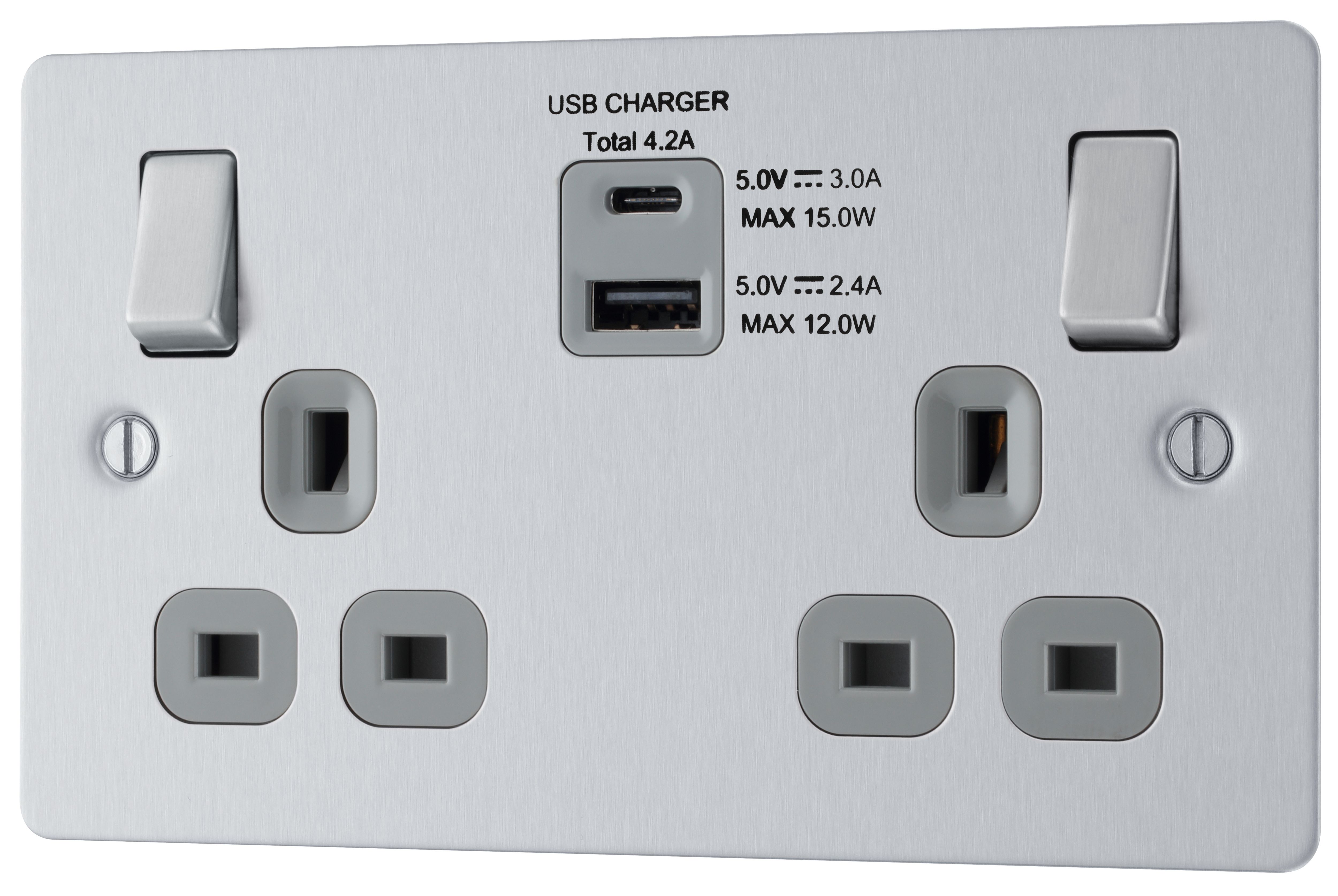 BG Brushed Steel Double 13A Flat Switched Screwed Socket with USB, x2 & Grey inserts