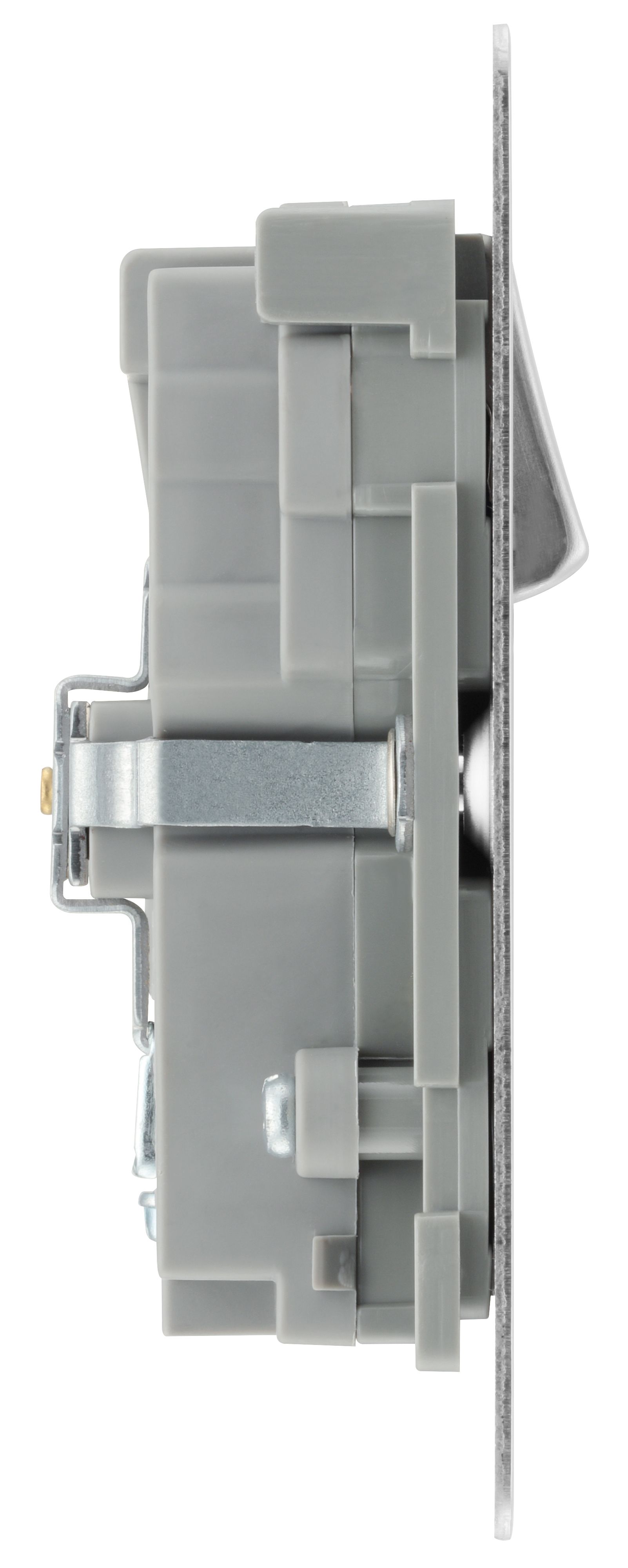 BG Brushed Steel Double 13A Flat Switched Screwed Socket with USB, x2 & Grey inserts