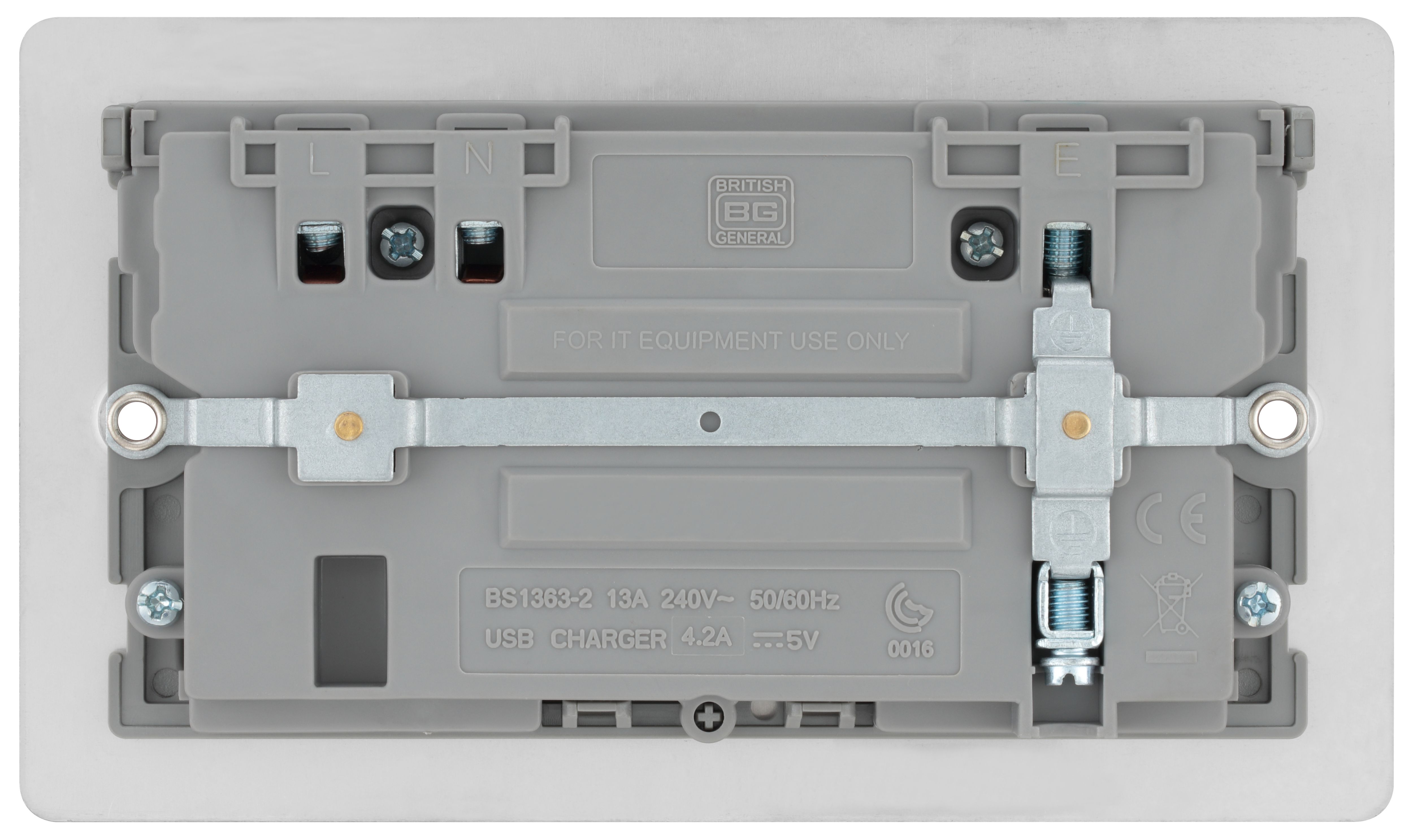 BG Brushed Steel Double 13A Flat Switched Screwed Socket with USB, x2 & Grey inserts