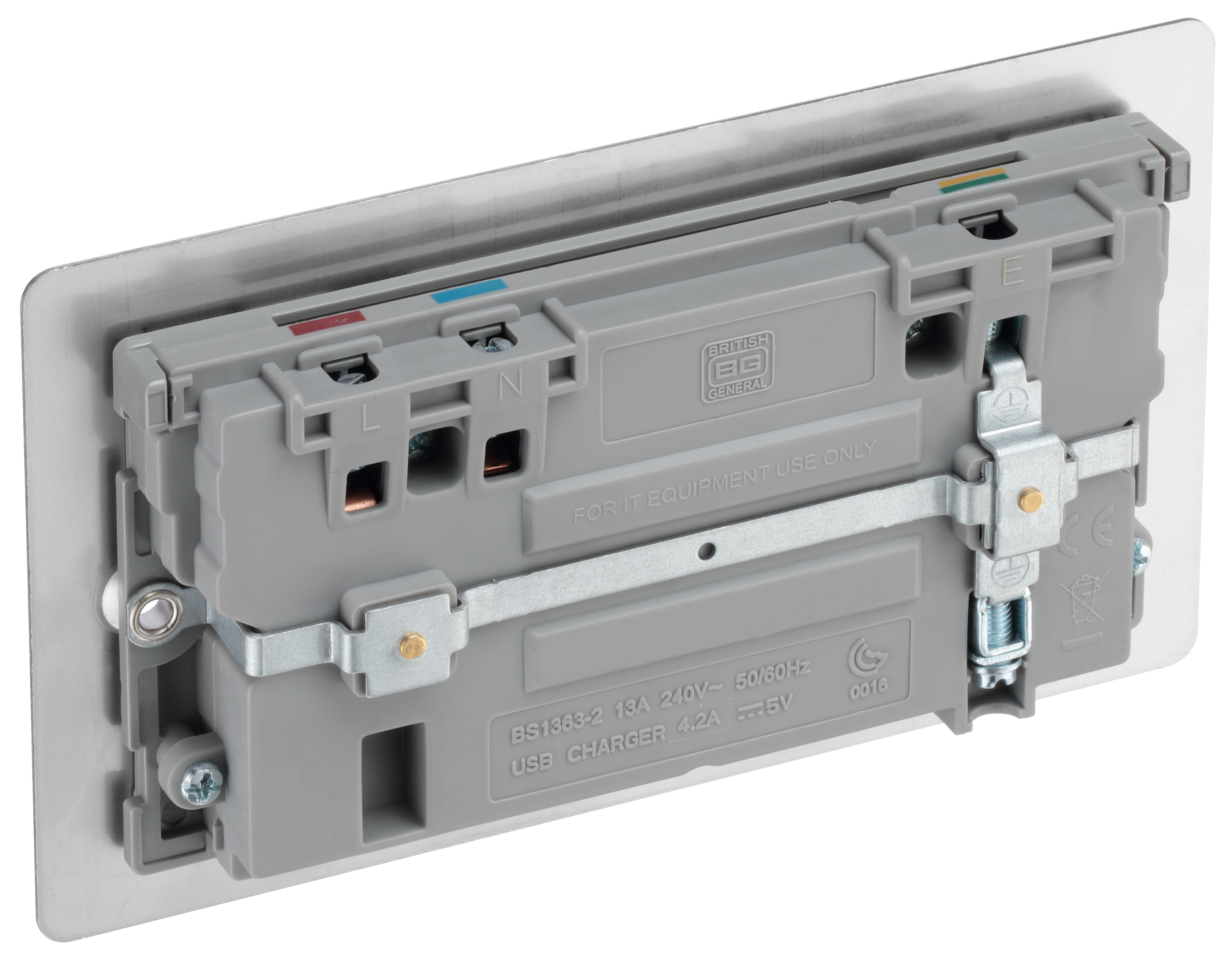 BG Brushed Steel Double 13A Flat Switched Screwed Socket with USB, x2 & Grey inserts