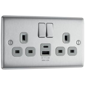 BG Brushed Steel Double 13A Raised slim Switched Socket with USB, x2 & Grey inserts