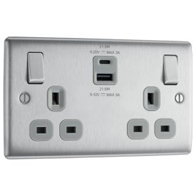 BG Brushed Steel Double 13A Raised slim Switched Socket with USB, x2 & Grey inserts