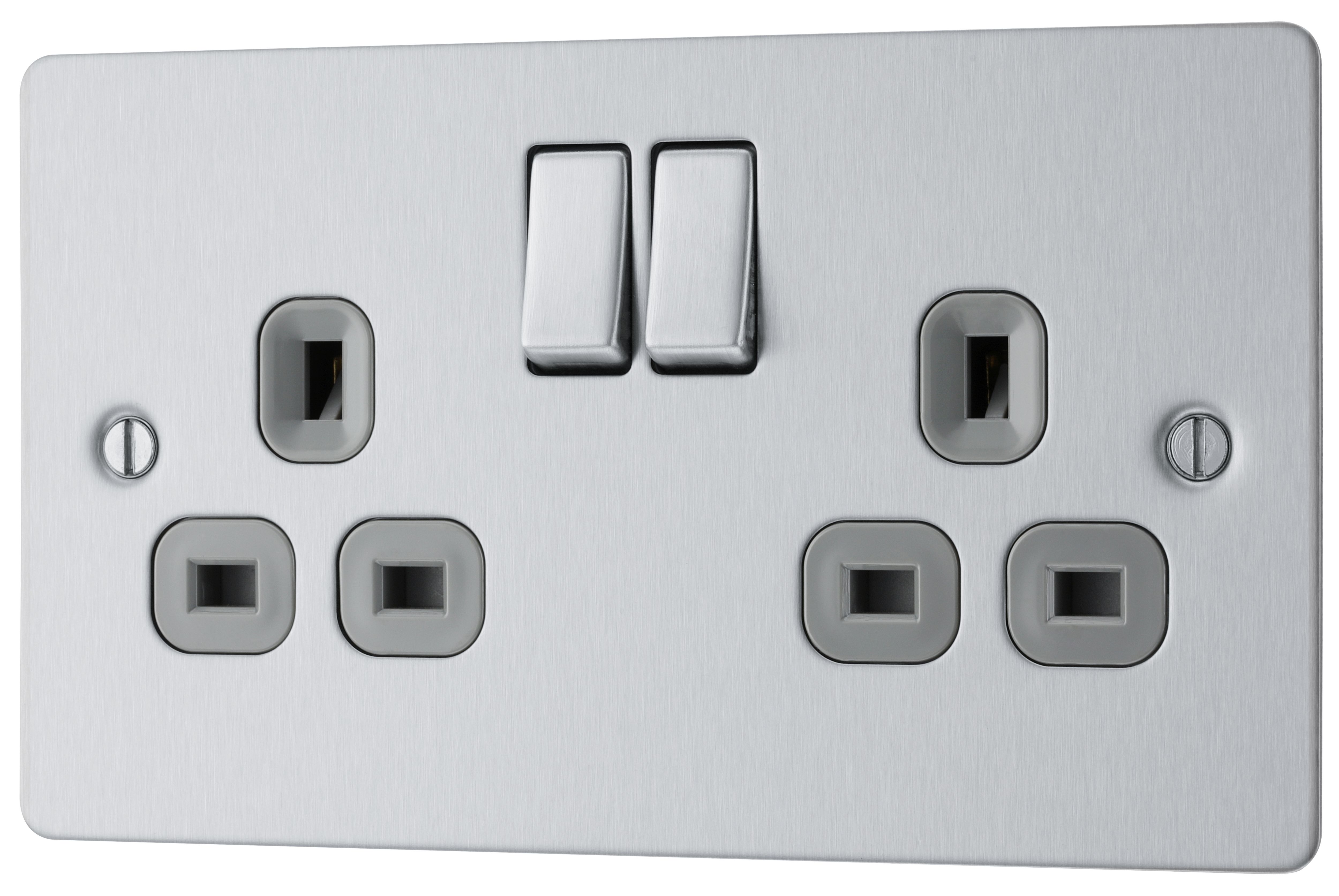 BG Brushed Steel Double 13A Switched Socket & Grey inserts