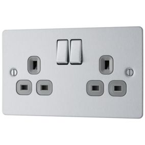BG Brushed Steel Double 13A Switched Socket & Grey inserts