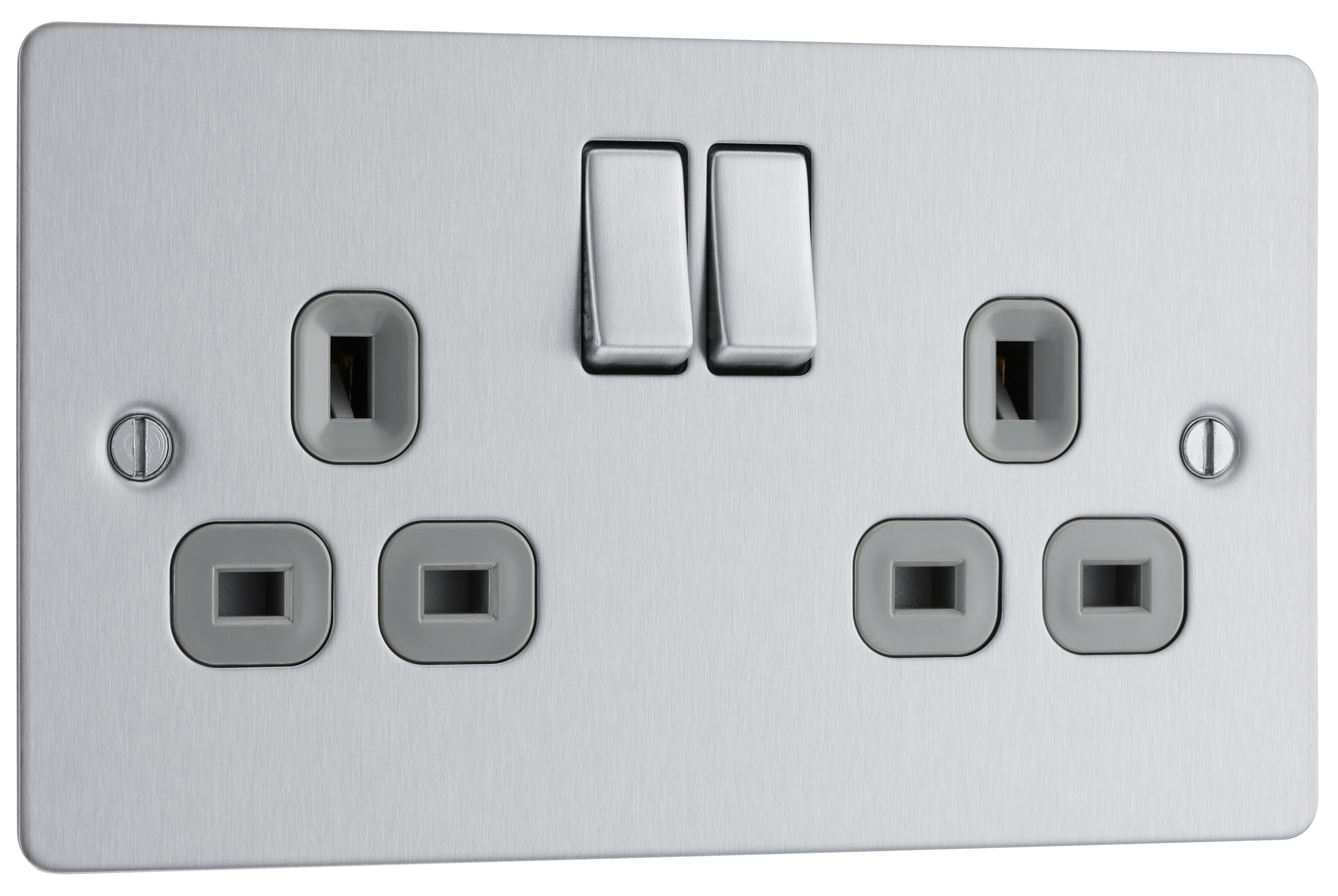 BG Brushed Steel Double 13A Switched Socket & Grey inserts - 1