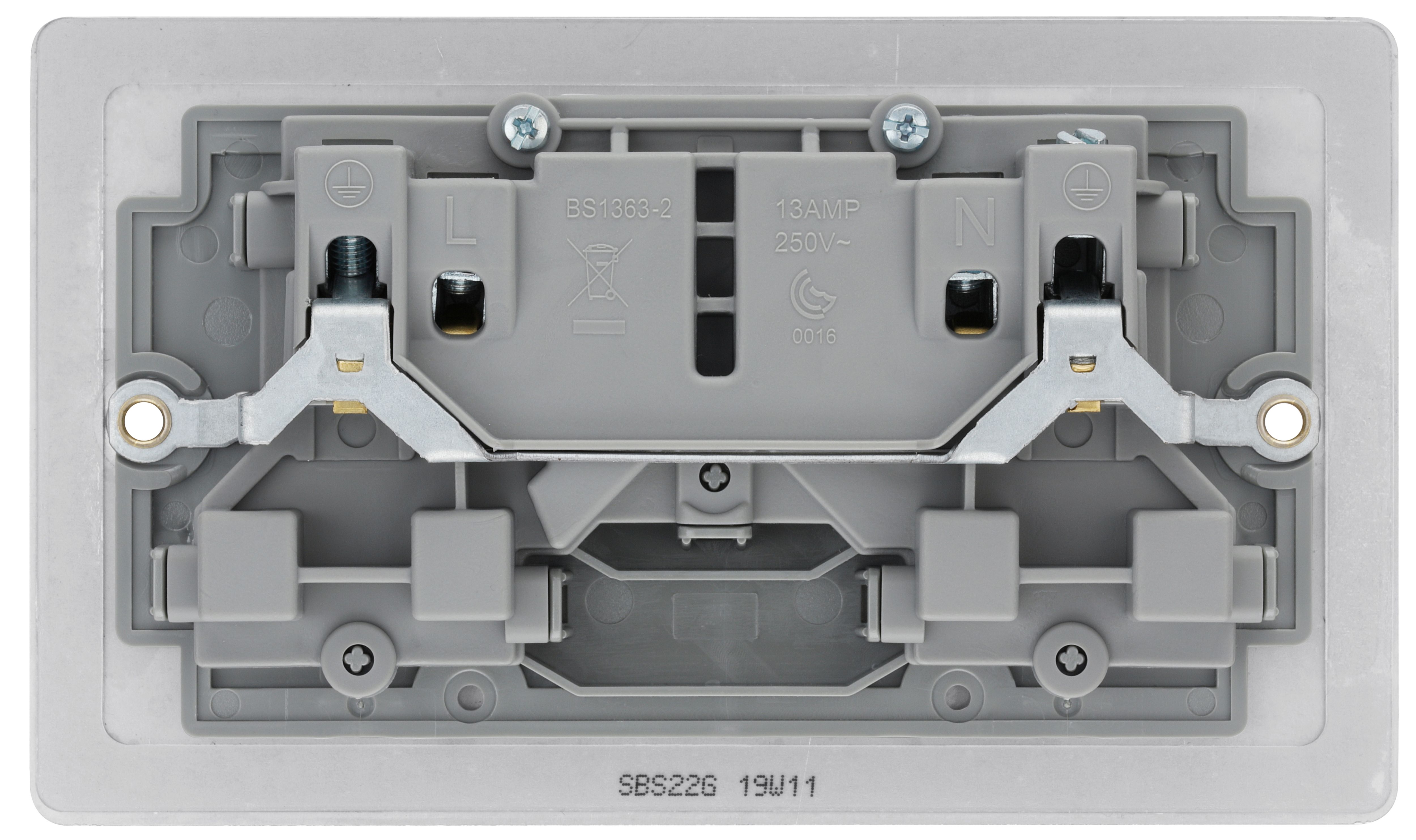 BG Brushed Steel Double 13A Switched Socket & Grey inserts