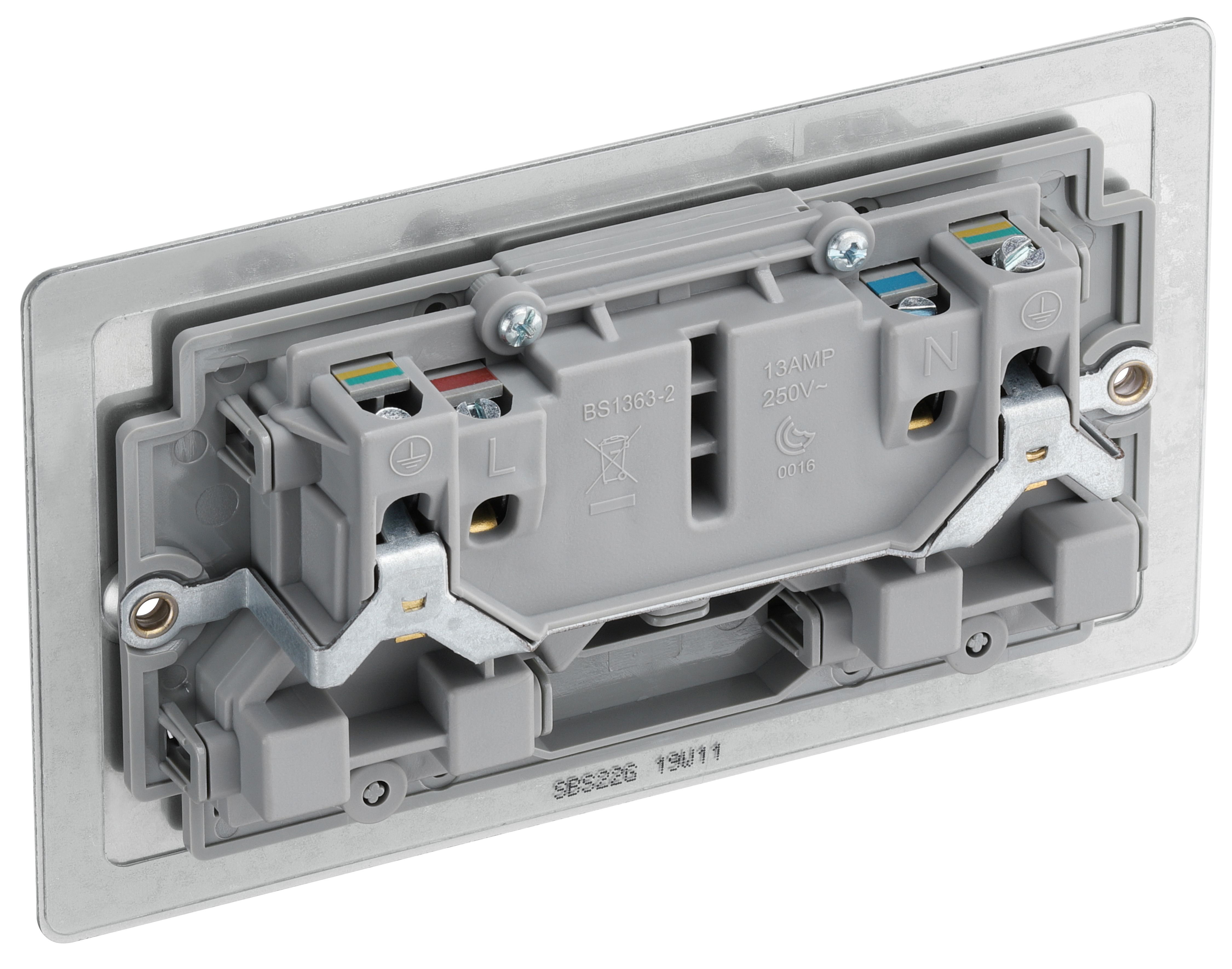 BG Brushed Steel Double 13A Switched Socket & Grey inserts - 6