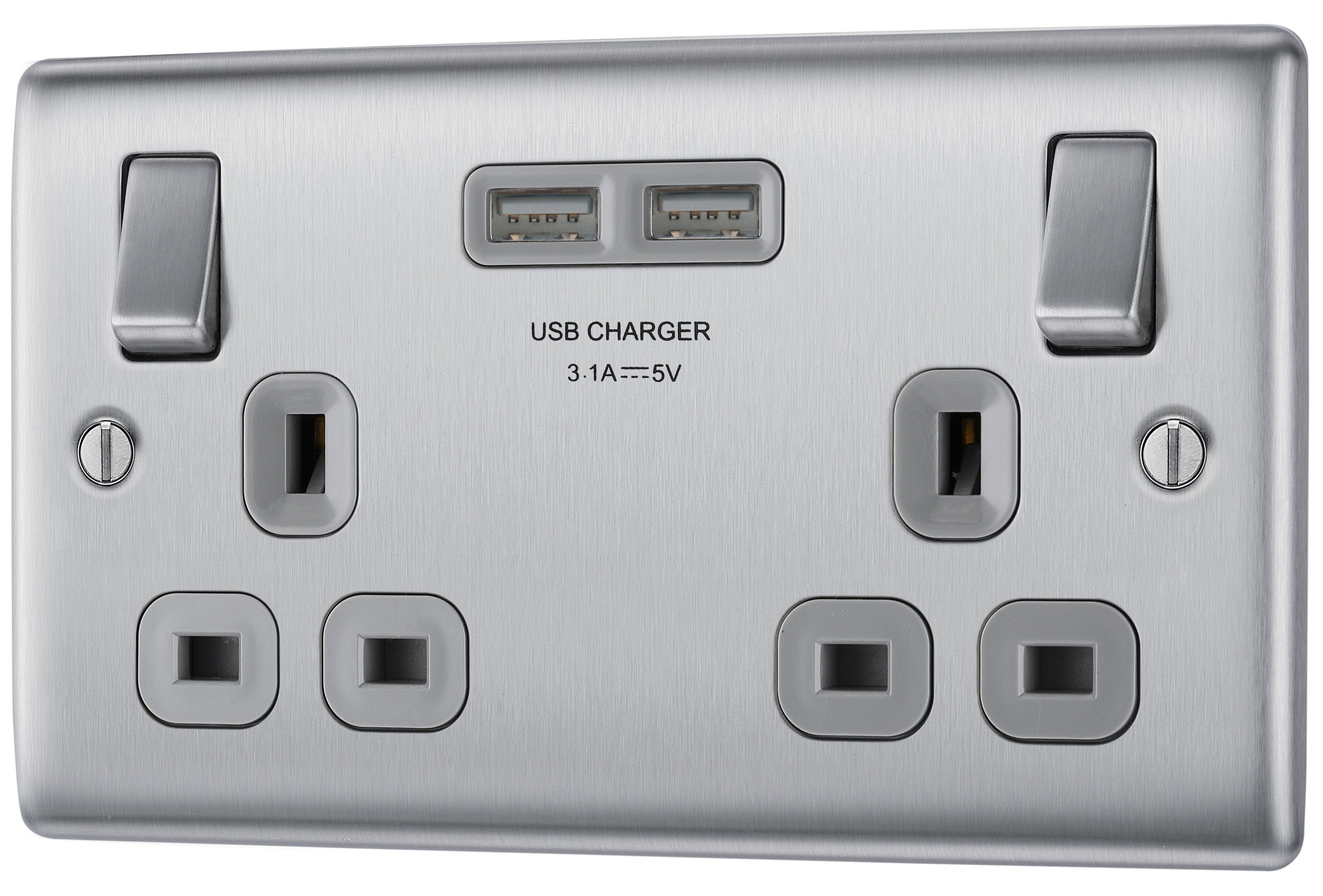 Bg Brushed Steel 13A Black Insert Switched Socket + A & C Type USB 2 Gang + 2 USB 4.2A