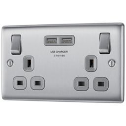 BG Brushed Steel Double 13A Switched Socket with USB x2 3.1A & Grey inserts