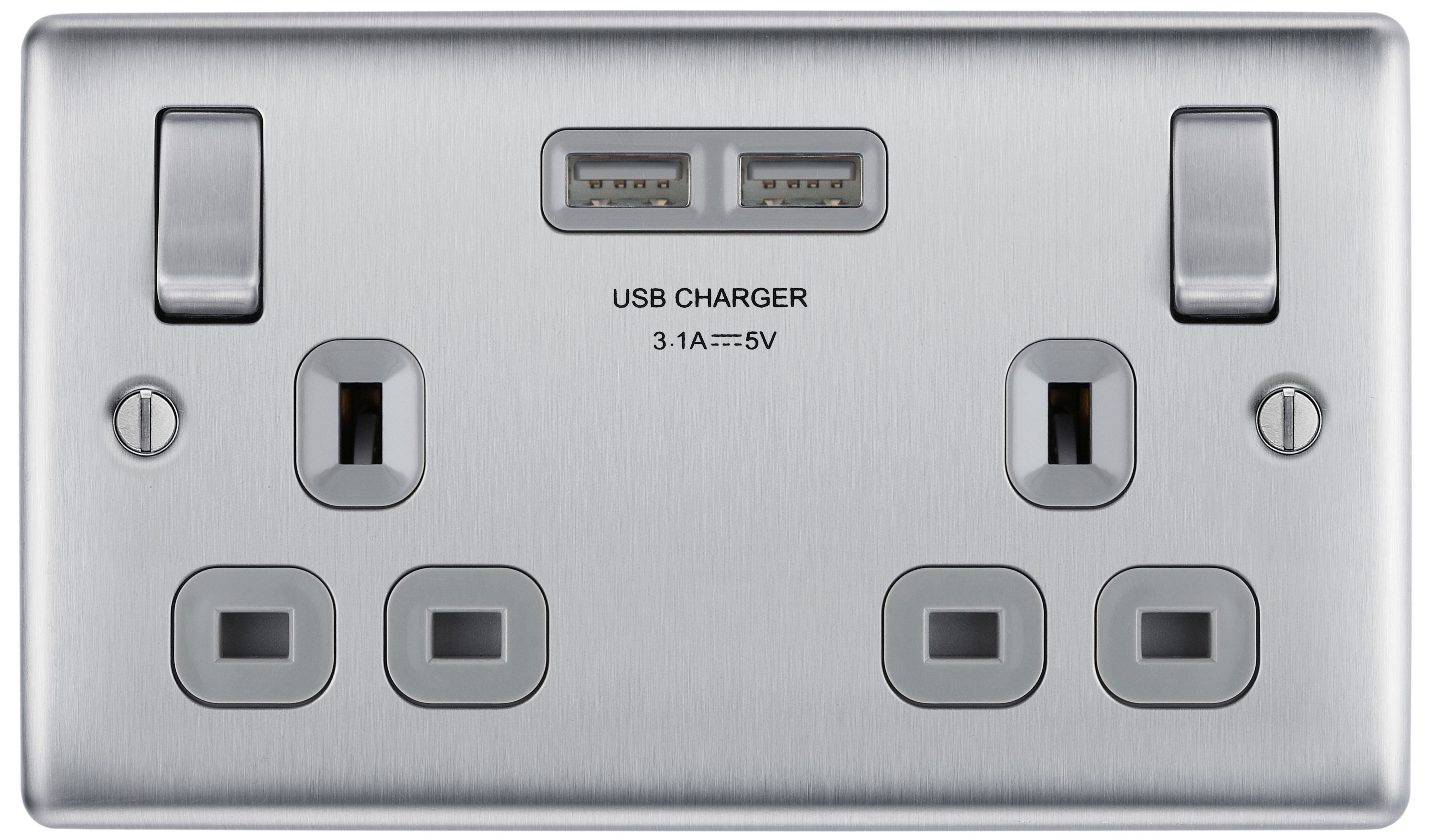 Bg Brushed Steel 13A Black Insert Switched Socket + A & C Type USB 2 Gang + 2 USB 4.2A
