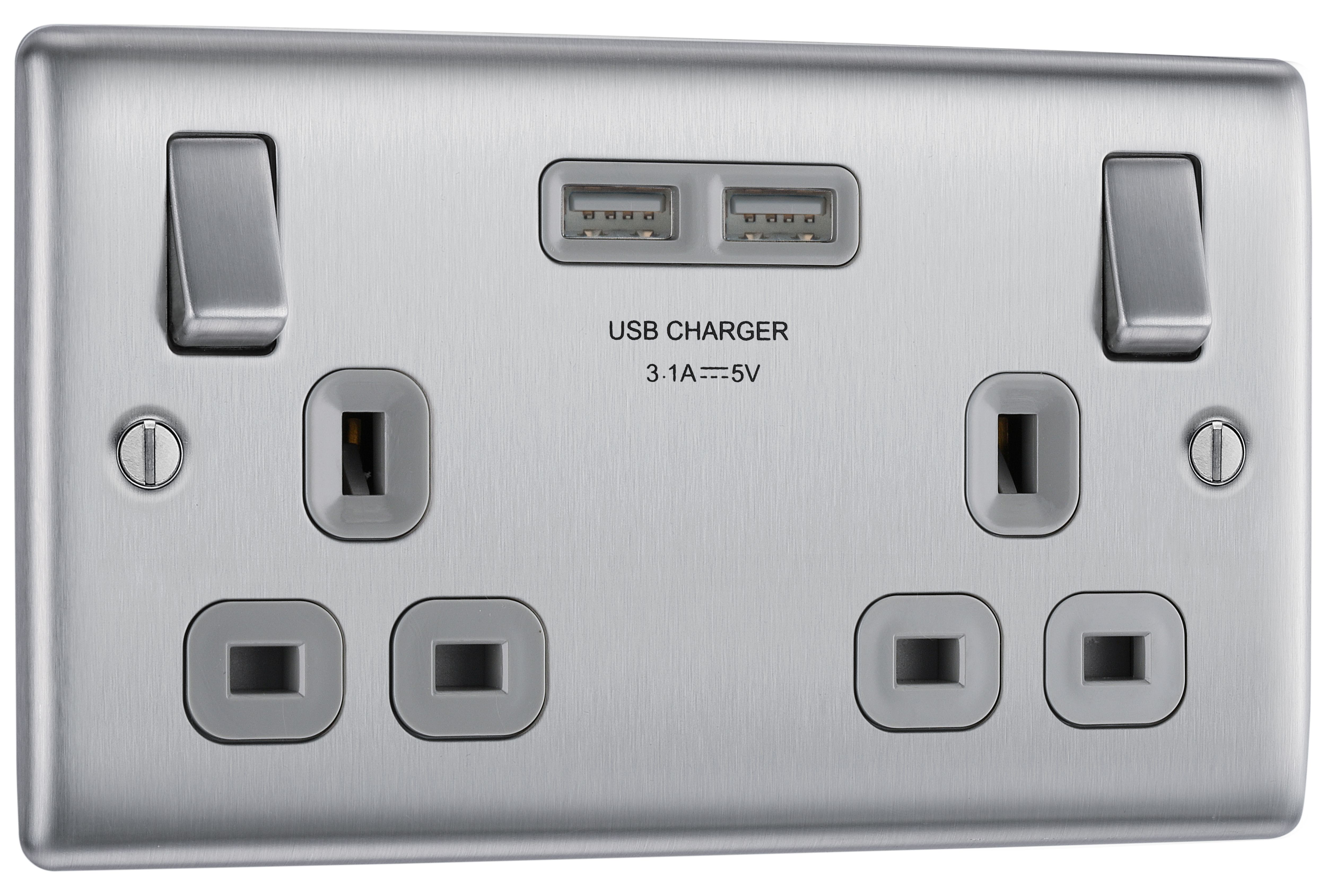 Bg Brushed Steel 13A Black Insert Switched Socket + A & C Type USB 2 Gang + 2 USB 4.2A - 3