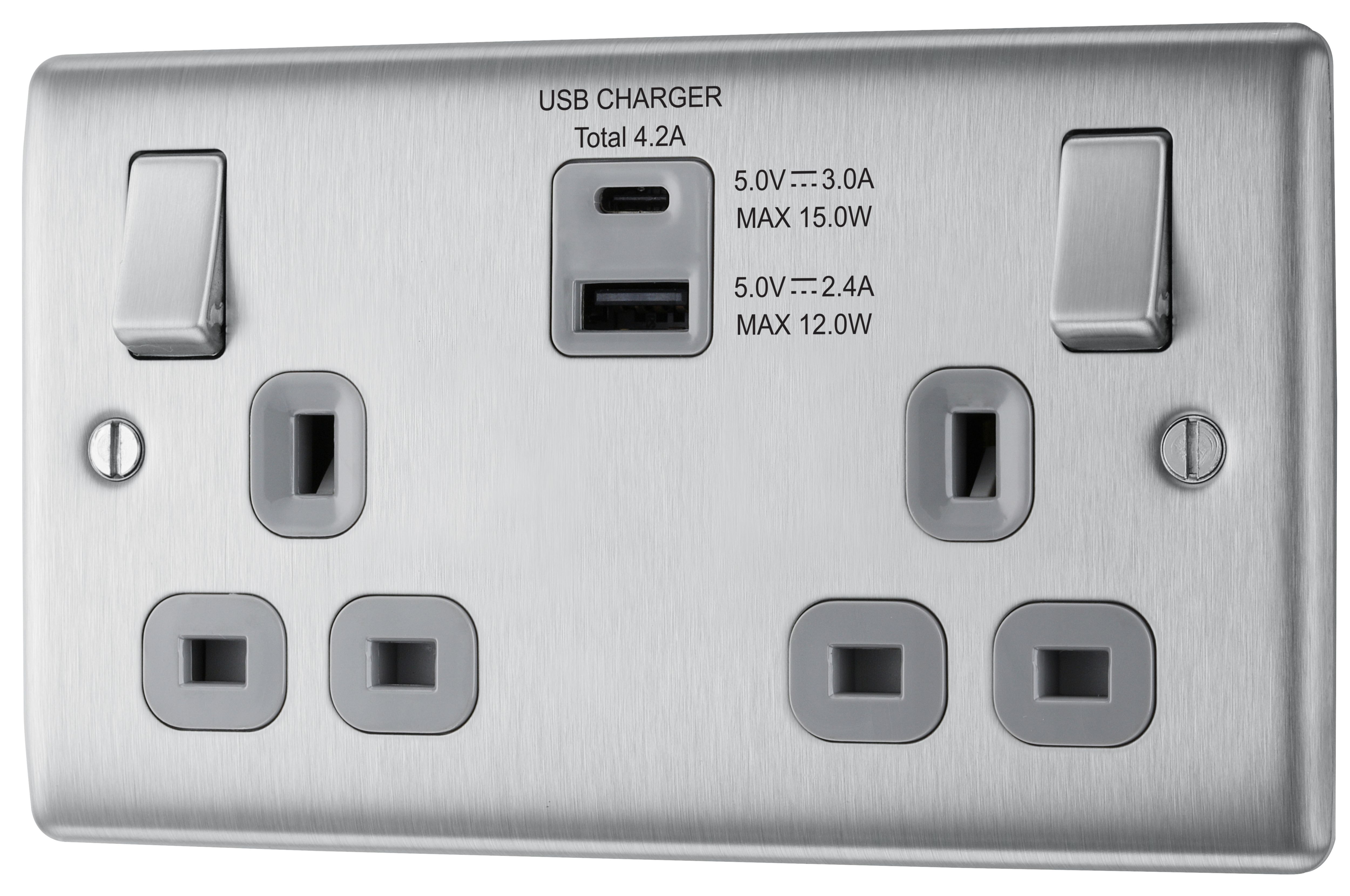 BG Brushed Steel Double 13A Switched Socket with USB x2 4.2A & Grey inserts