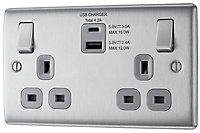 BG Brushed Steel Double 13A Switched Socket with USB x2 4.2A & Grey inserts