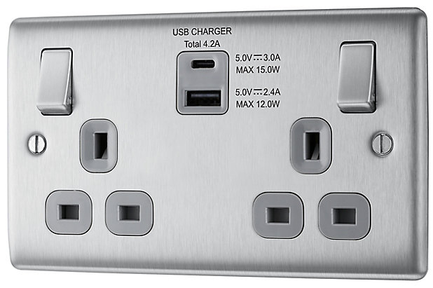 Brushed Steel BG USB Socket Switched Double Socket 2 x USB Charger Pack of 3 