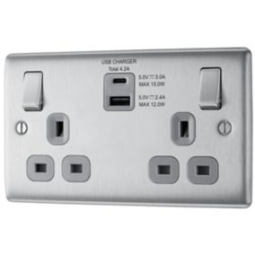 BG Brushed Steel Double 13A Switched Socket with USB x2 4.2A & Grey inserts