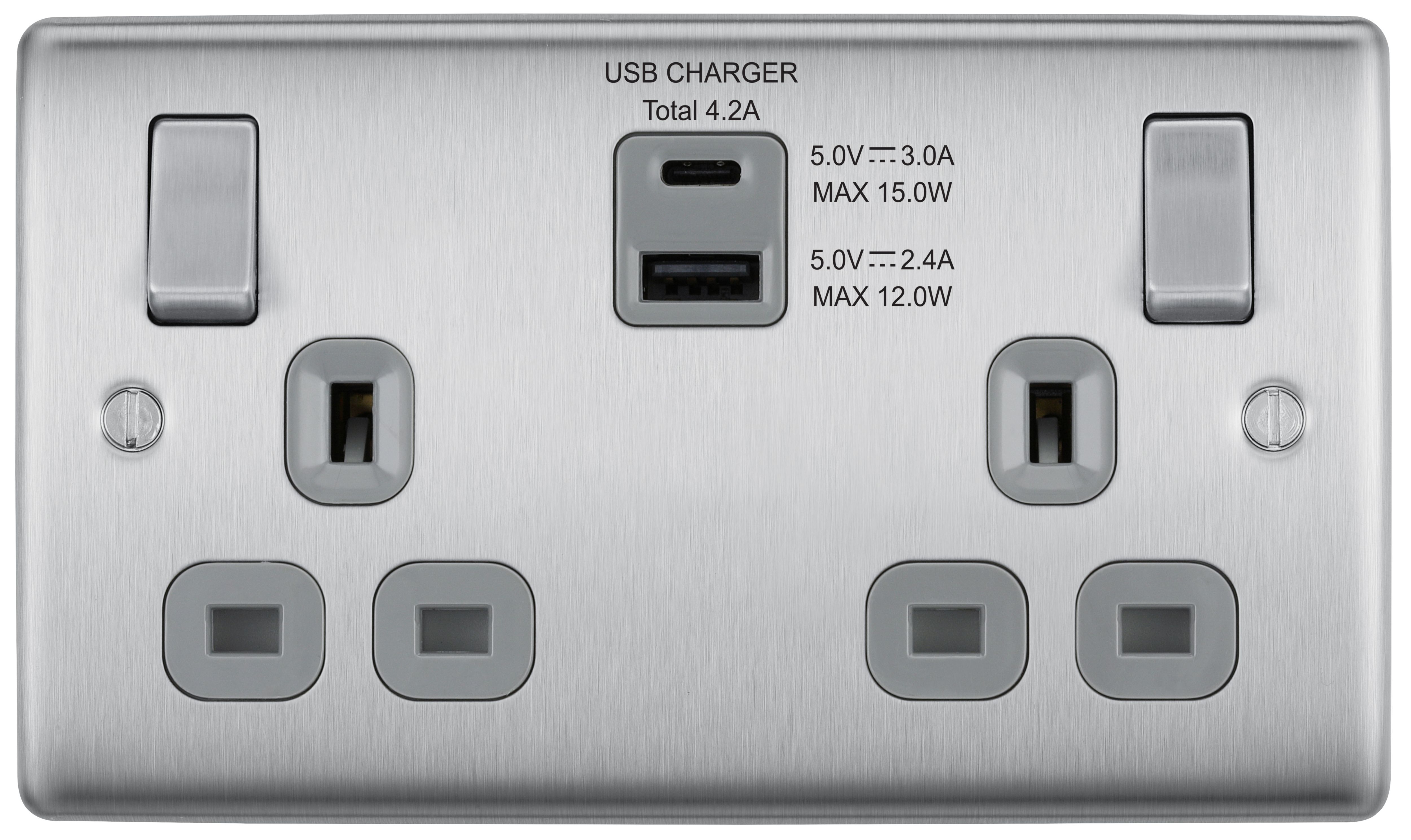 BG Brushed Steel Double 13A Switched Socket with USB x2 4.2A & Grey inserts