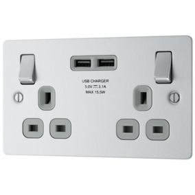 BG Brushed Steel Double 13A Switched Socket with USB x2 & Grey inserts