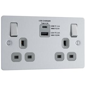 BG Brushed Steel Double 13A Switched Socket with USB x2 & Grey inserts