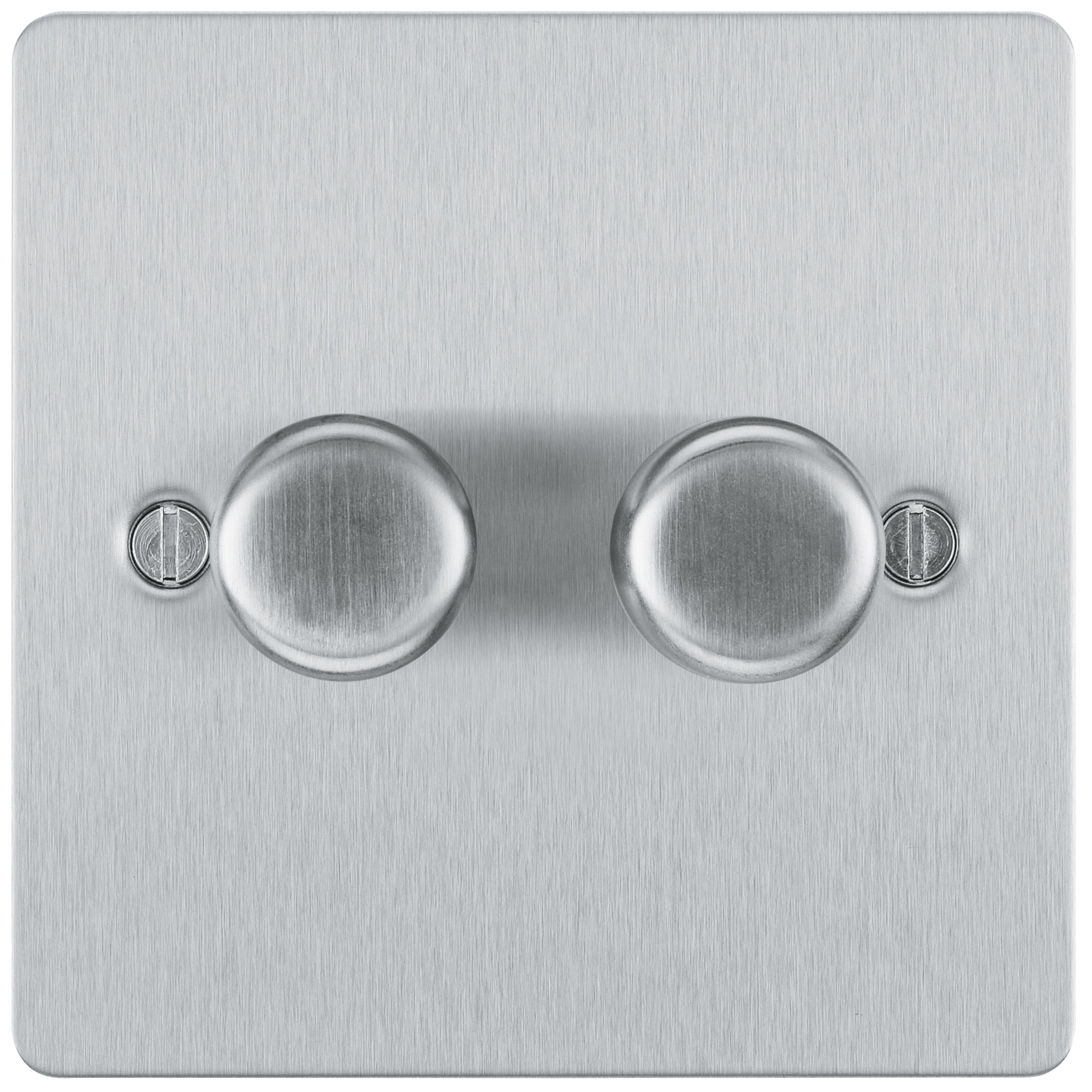 BG Brushed Steel Flat 2 way 400W Dimmer switch Matt Silver 2 gang