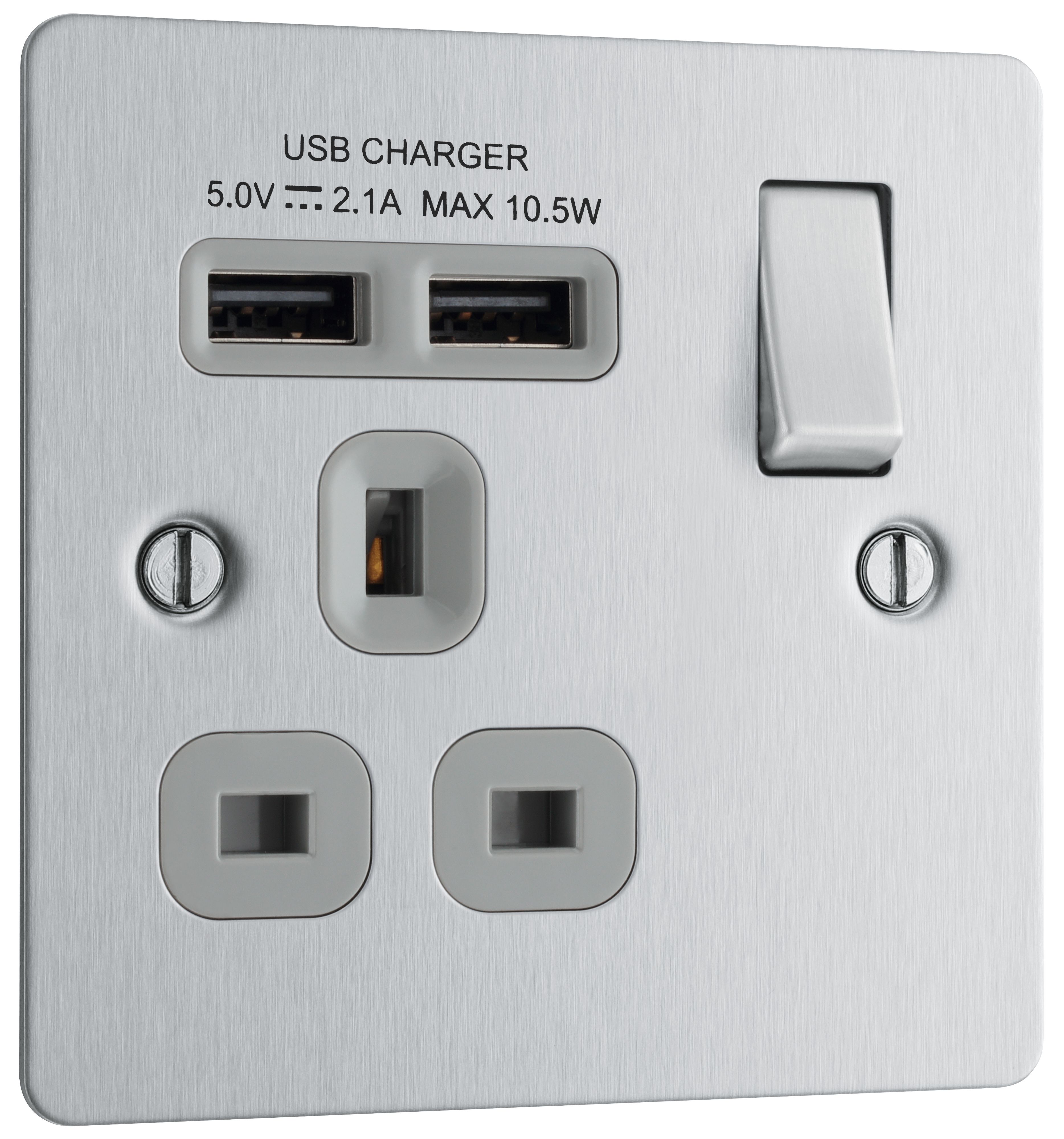 BG Brushed Steel Single 13A Flat Switched Socket with USB, x2 & Grey inserts