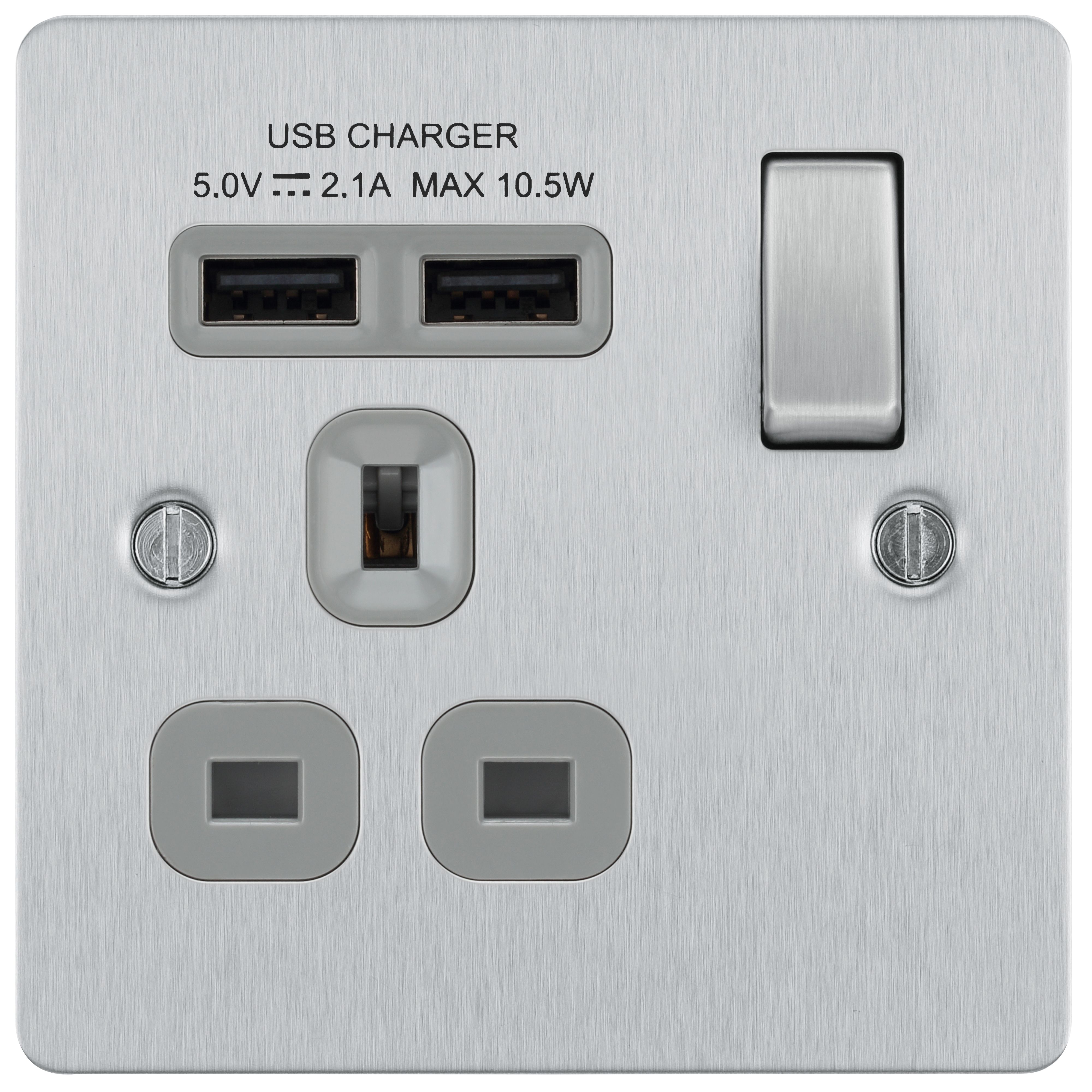 BG Brushed Steel Single 13A Flat Switched Socket with USB, x2 & Grey inserts