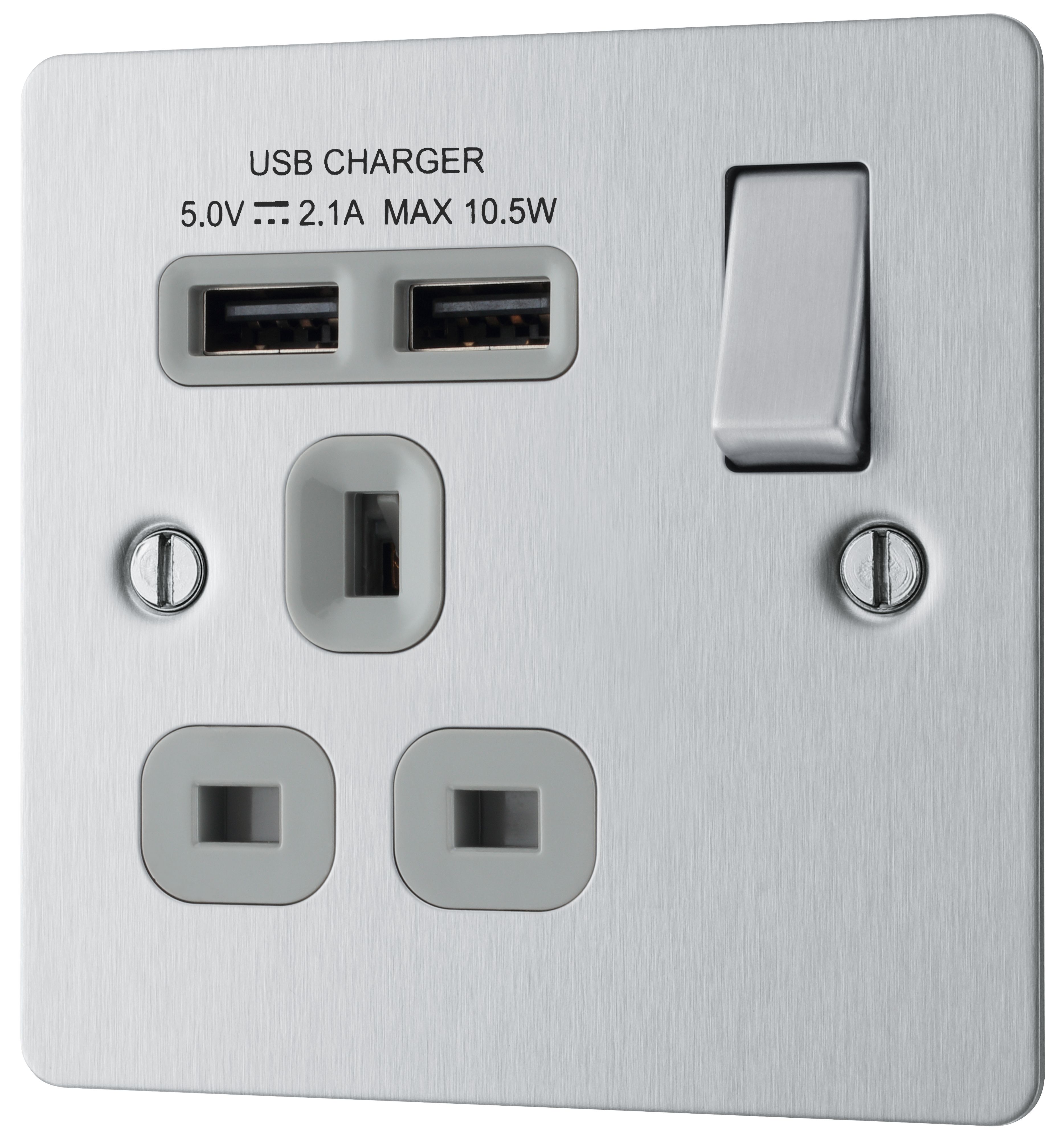 BG Brushed Steel Single 13A Flat Switched Socket with USB, x2 & Grey inserts