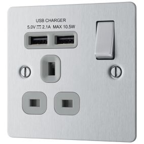 BG Brushed Steel Single 13A Flat Switched Socket with USB, x2 & Grey inserts