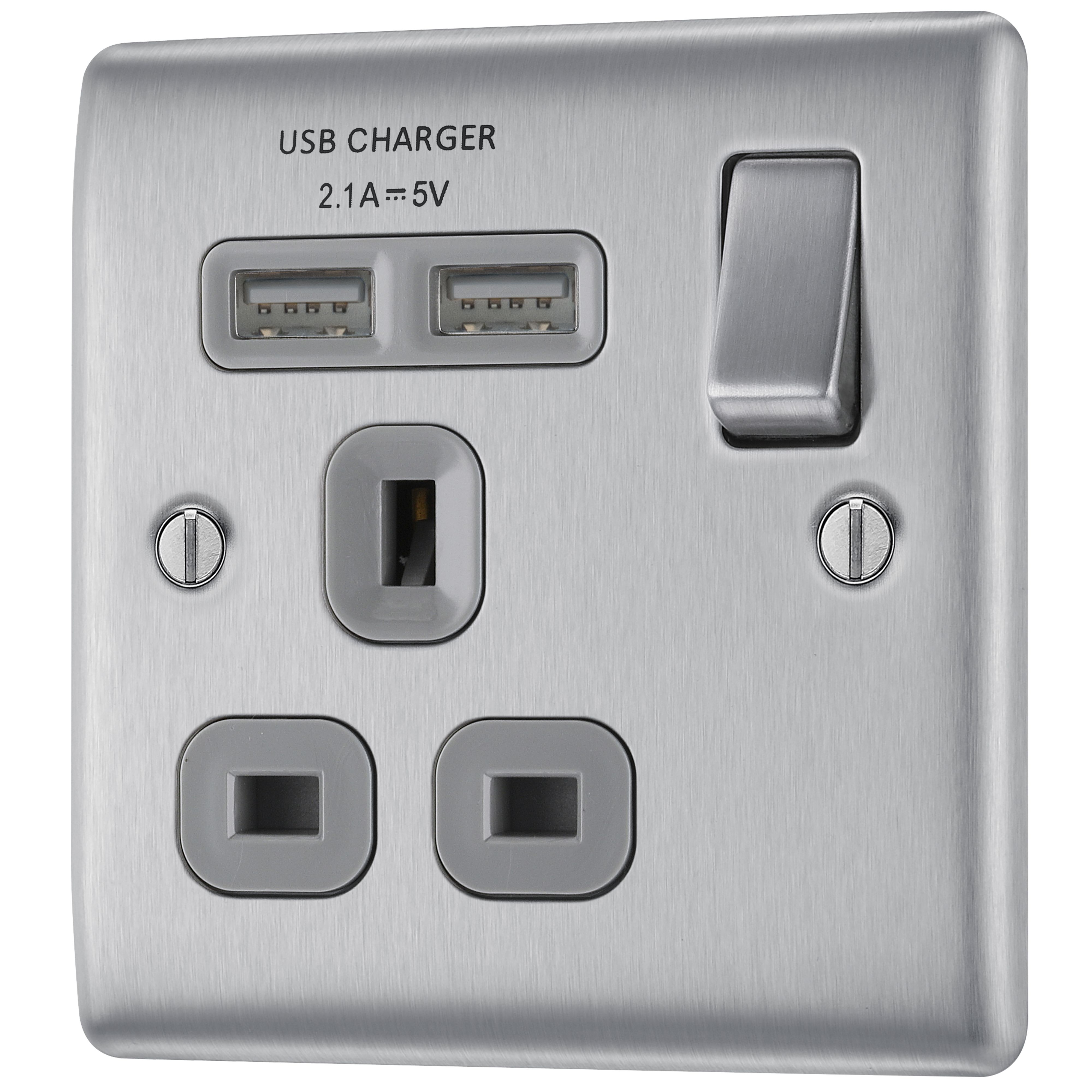 BG Brushed Steel Single 13A Raised slim Switched Socket with USB, x2 & Grey inserts