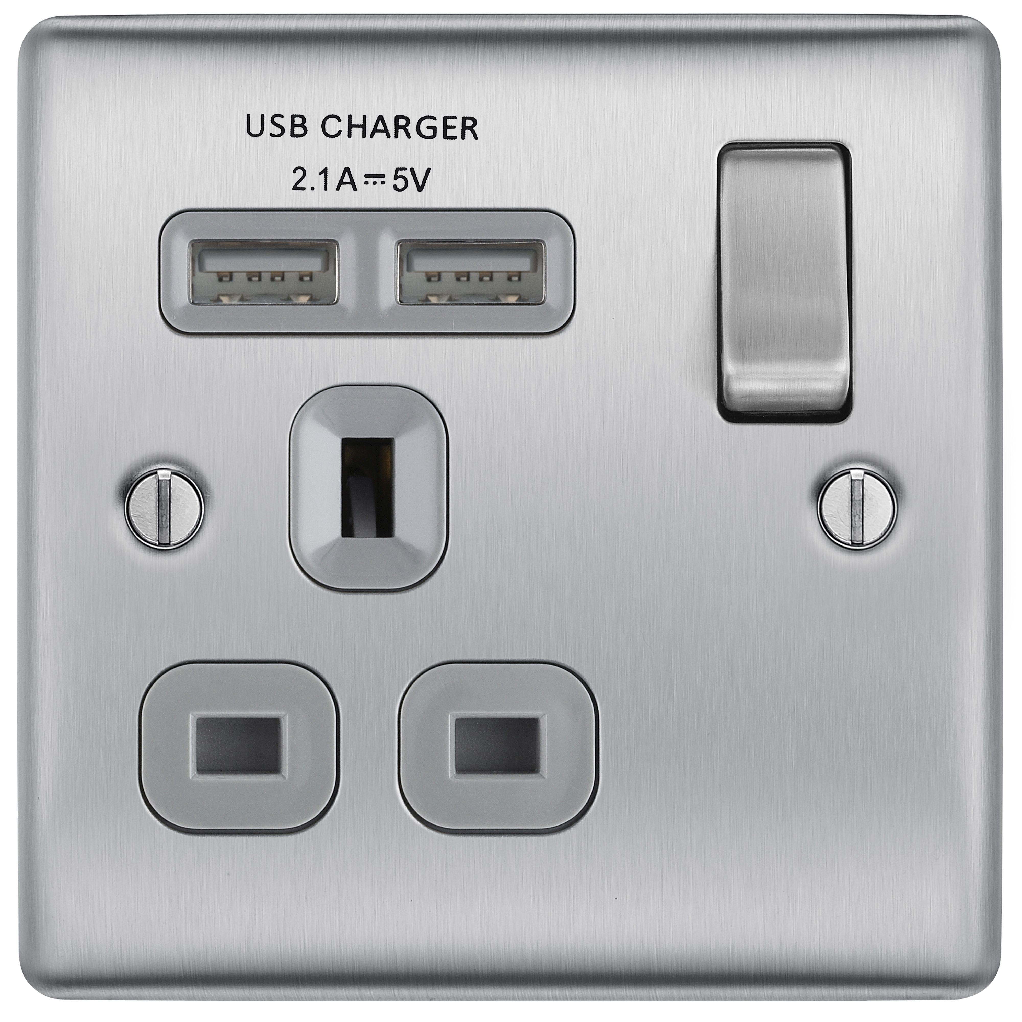 BG Brushed Steel Single 13A Raised slim Switched Socket with USB, x2 & Grey inserts