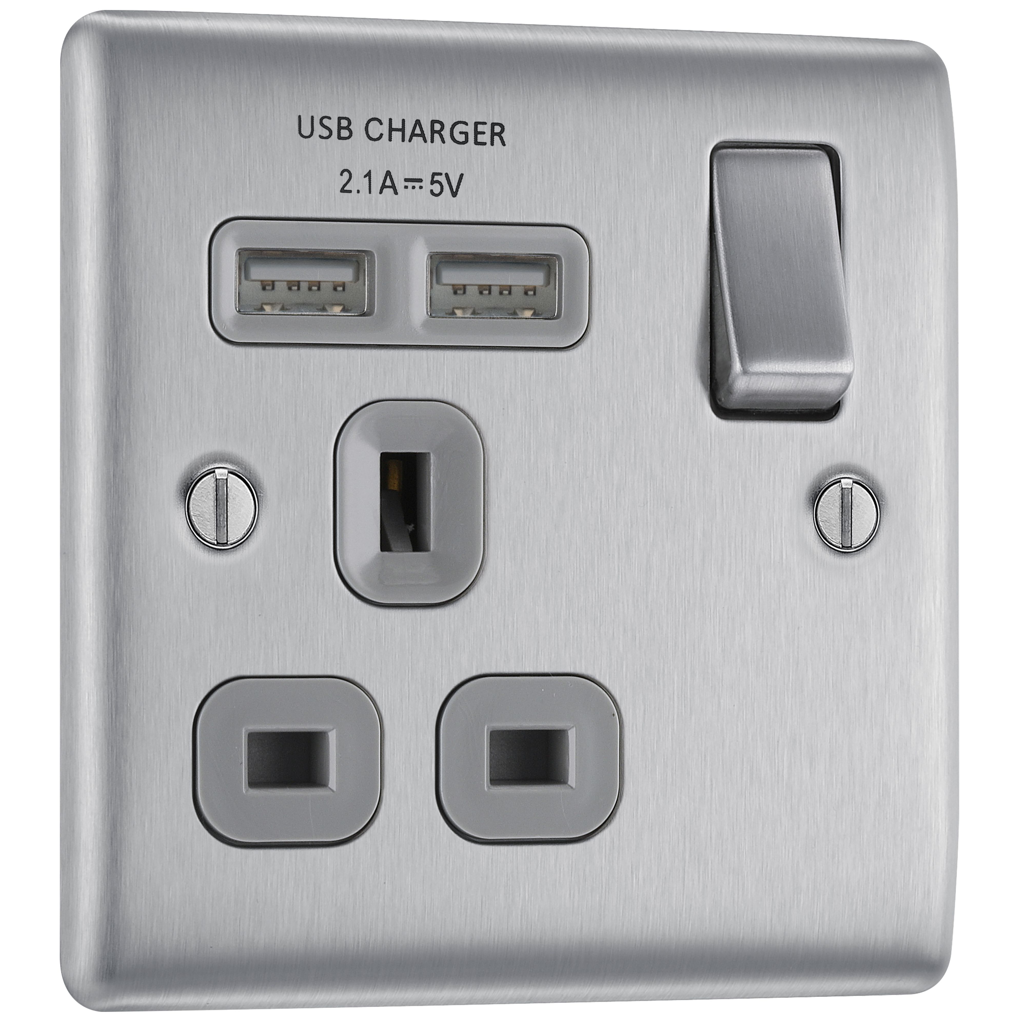 BG Brushed Steel Single 13A Raised slim Switched Socket with USB, x2 & Grey inserts
