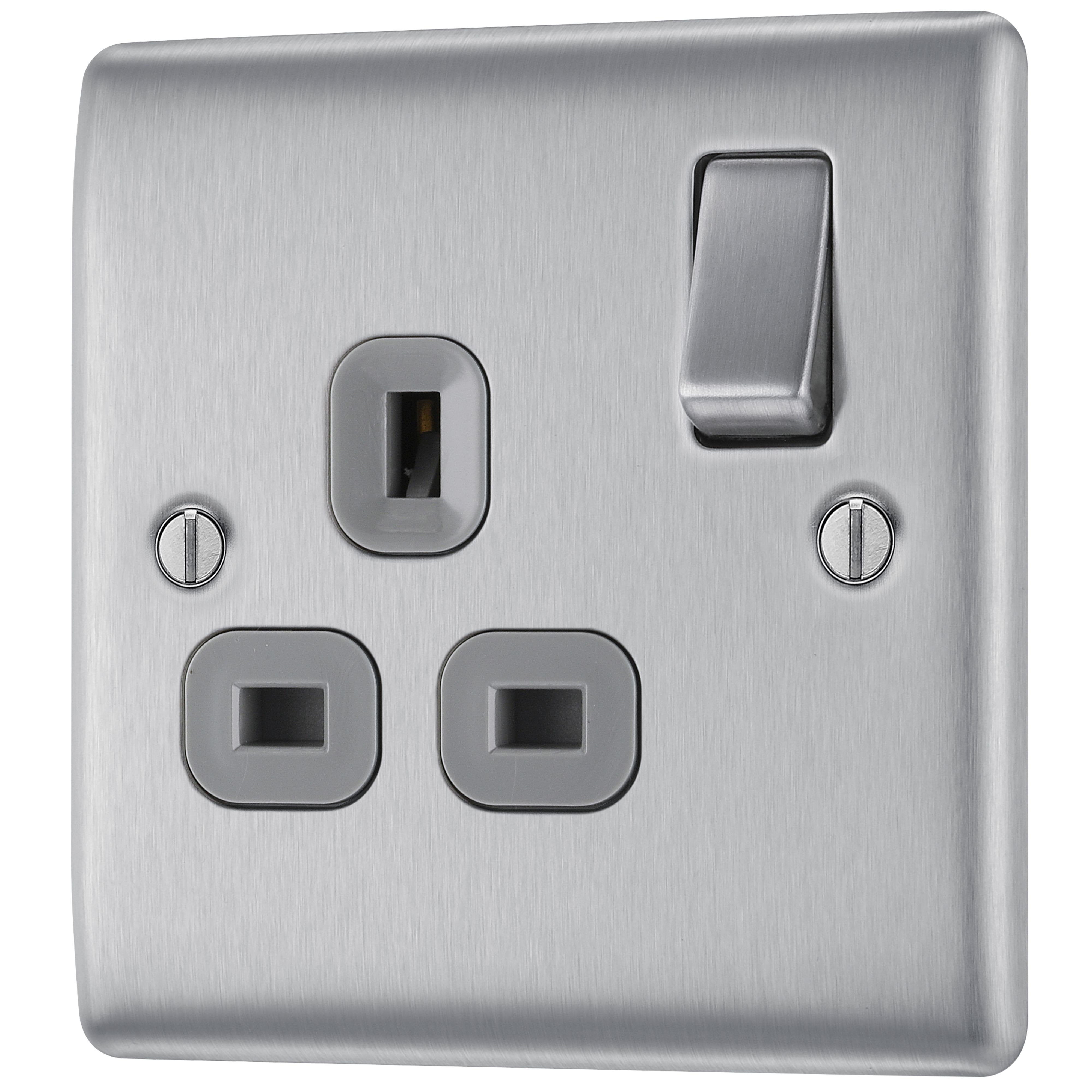 BG Brushed Steel 13A DP Black Insert Switched Socket 1 Gang