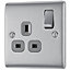 BG Brushed Steel Single 13A Switched Socket & Grey inserts