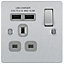 BG Brushed Steel Single 13A Switched Socket with USB x2 & Grey inserts