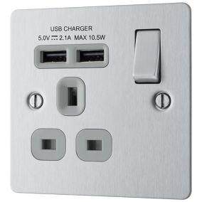 BG Brushed Steel Single 13A Switched Socket with USB x2 & Grey inserts