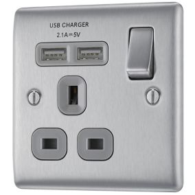 BG Brushed Steel Single 13A Switched Socket with USB x2 & Grey inserts