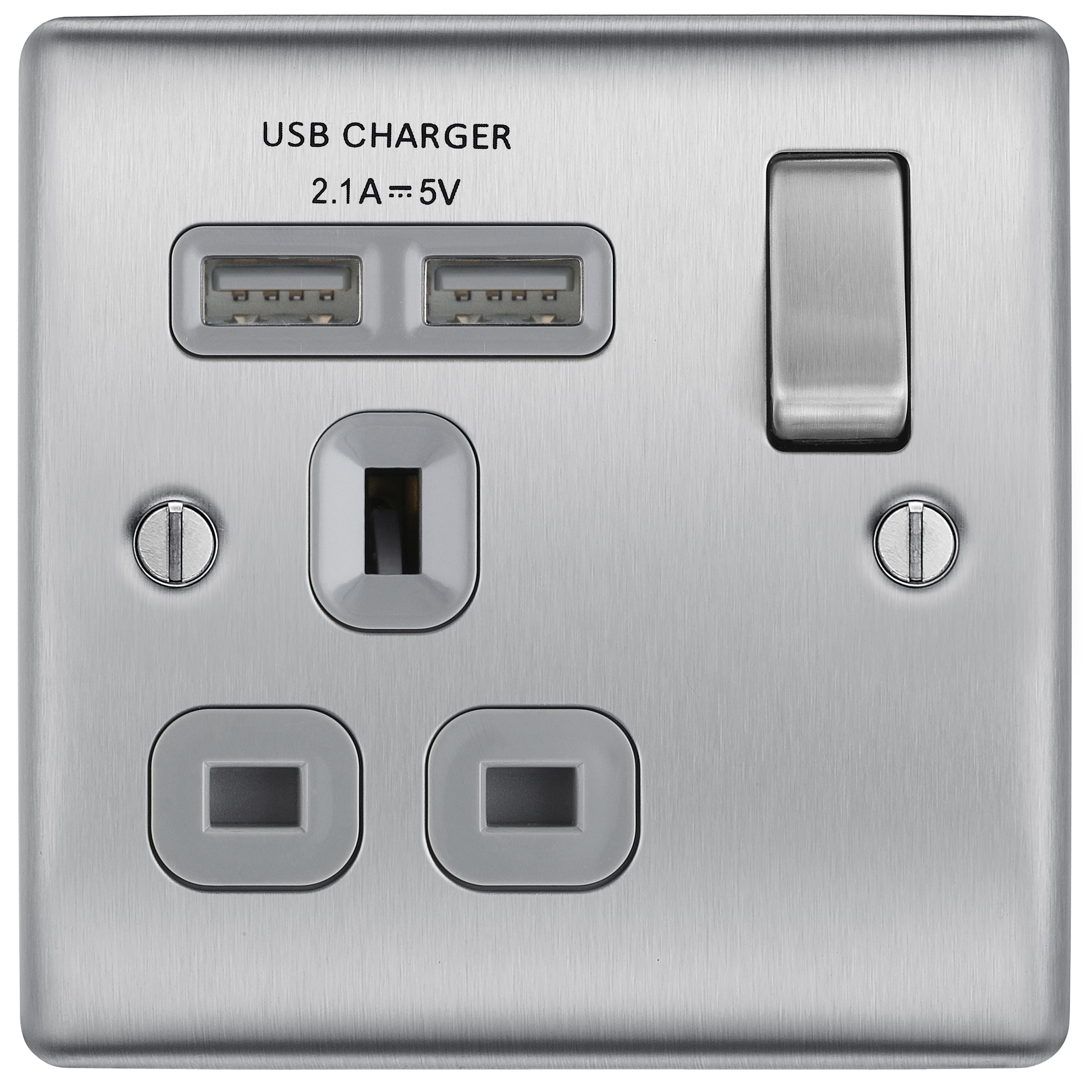 BG Brushed Steel Single 13A Switched Socket with USB x2 & Grey inserts