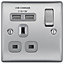BG Brushed Steel Single 13A Switched Socket with USB x2 & Grey inserts
