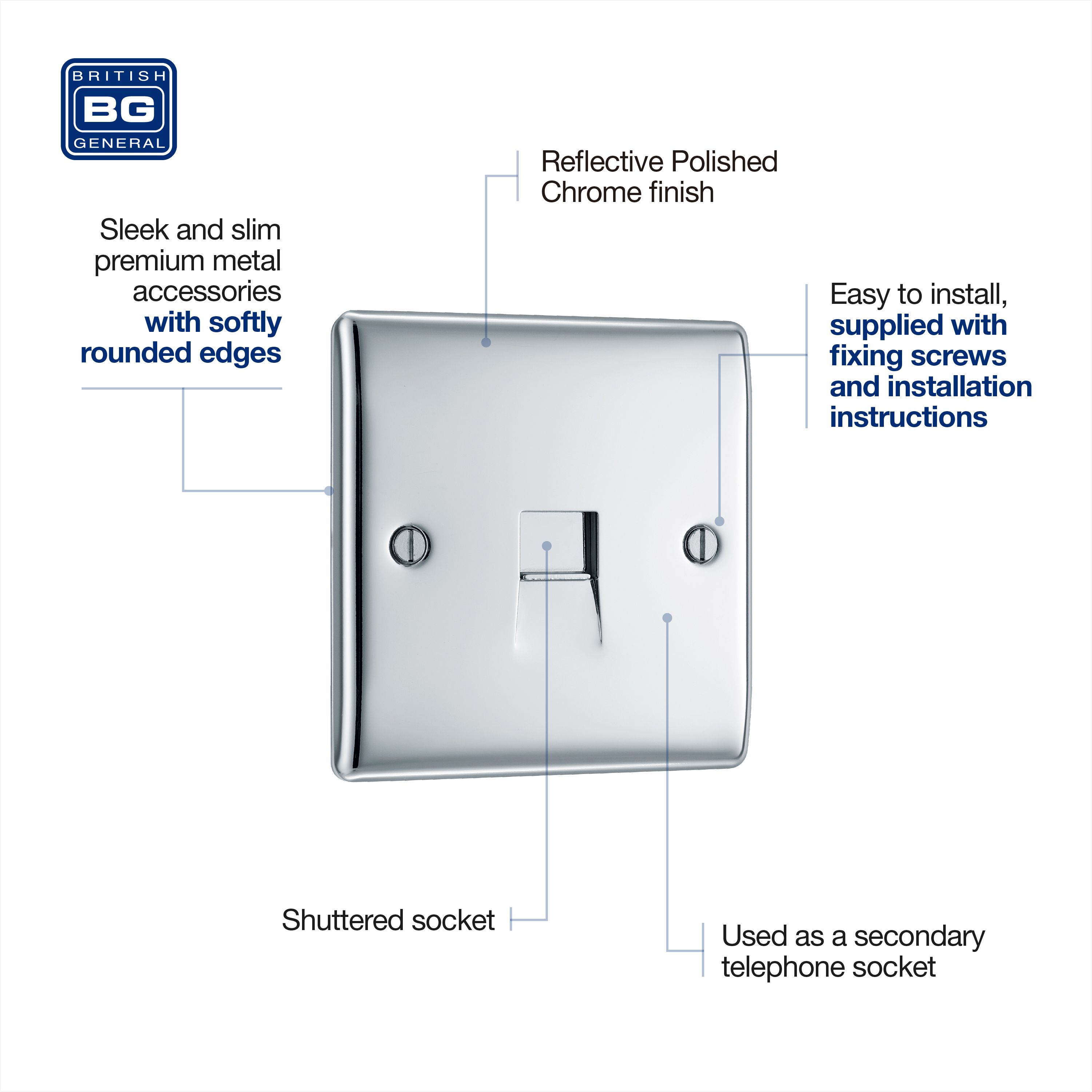 BG Chrome 1 gang Slave telephone socket