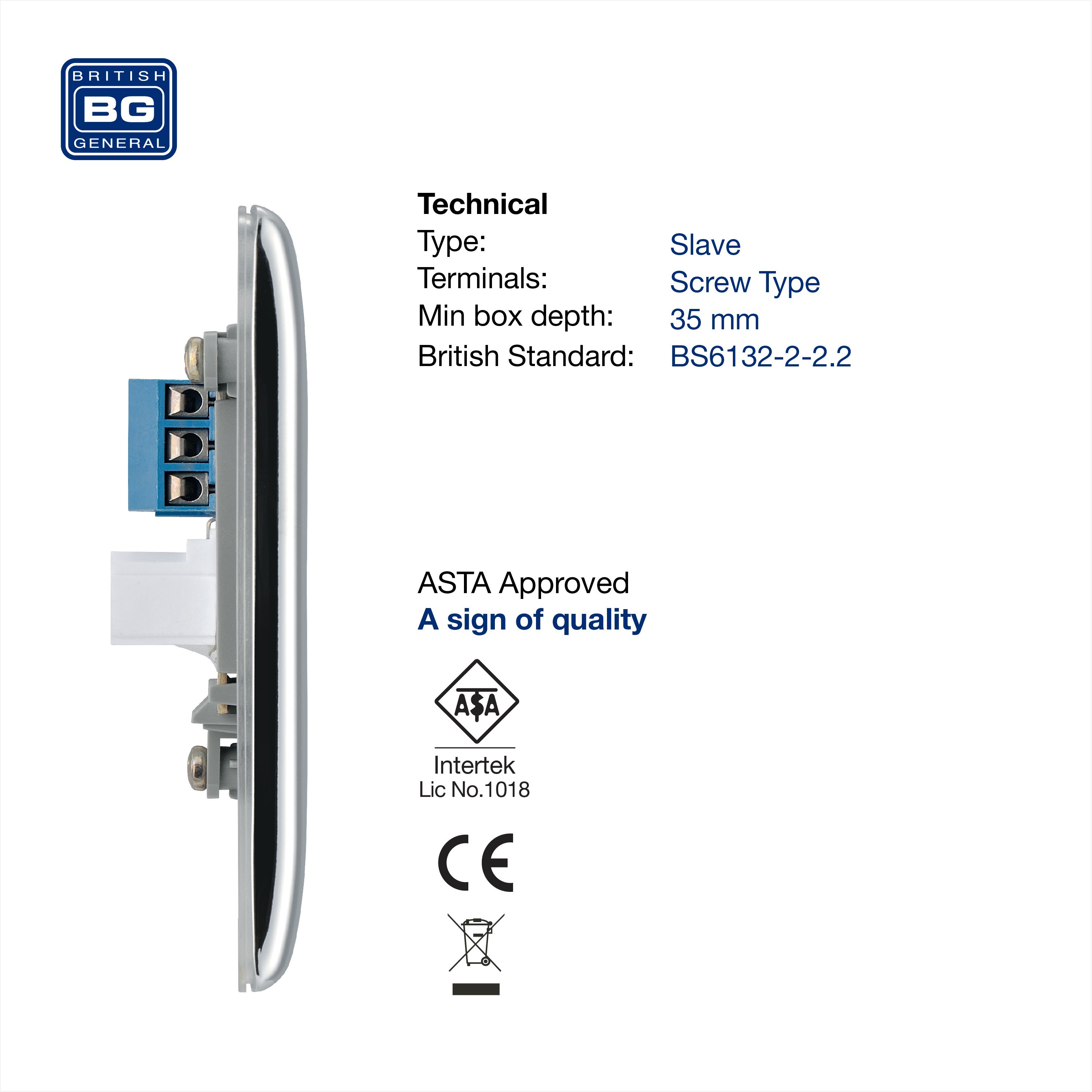 BG Chrome 1 gang Slave telephone socket
