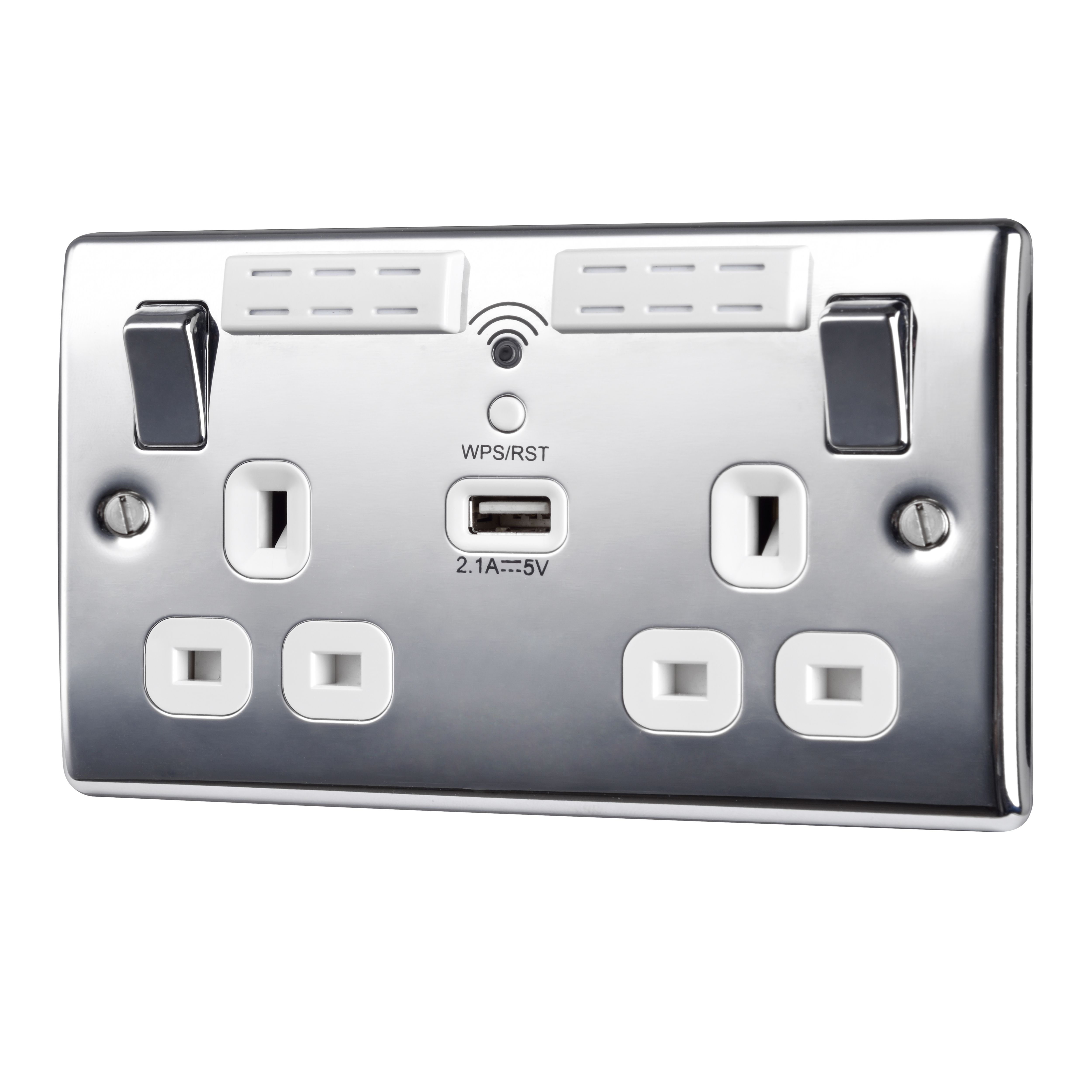 BG Chrome 13A Switched Double WiFi extender socket with USB