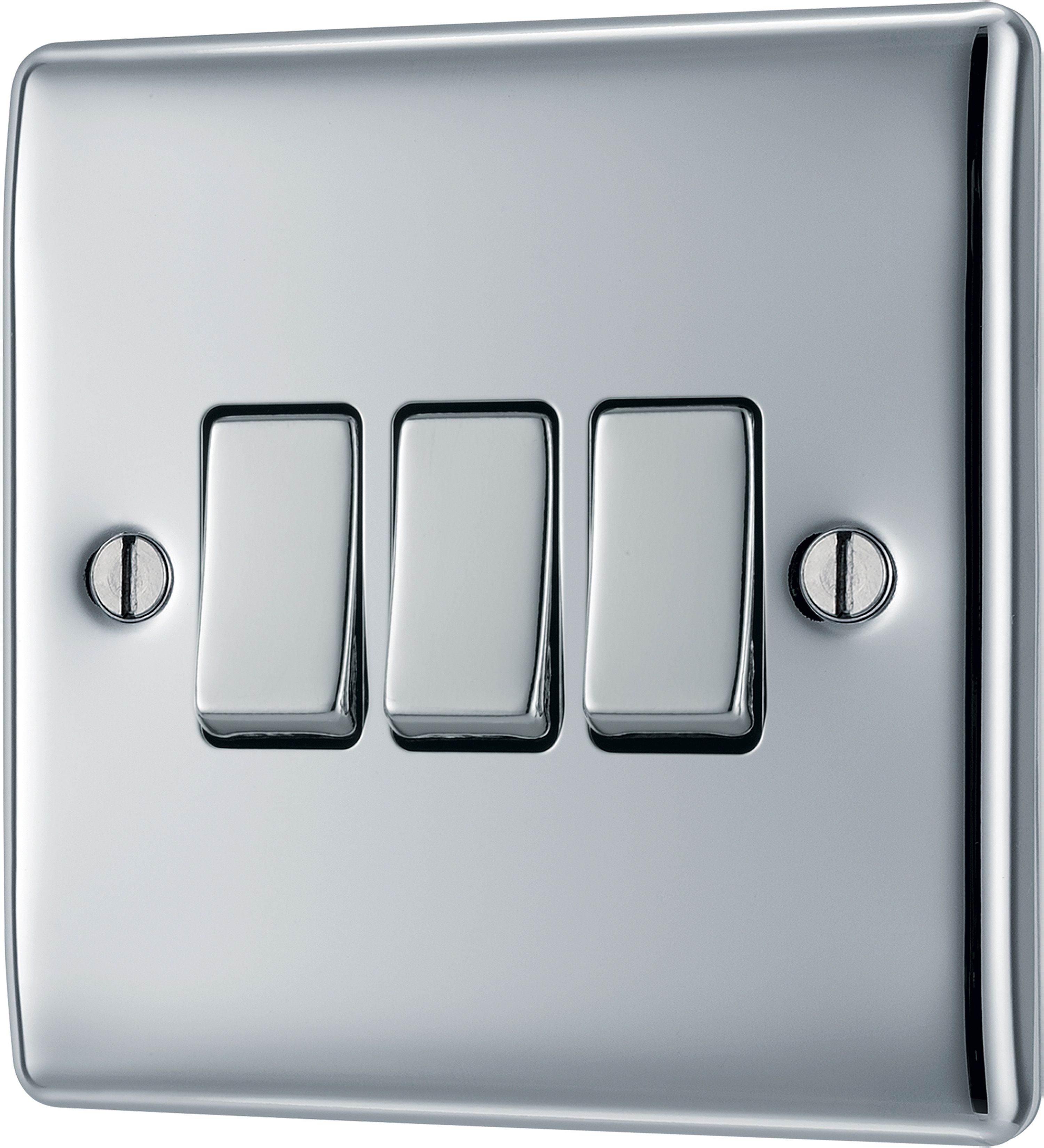 BG Screwless Flat Plate Polished Chrome Light Switch 3 Gang 2 Way 20A-16AX