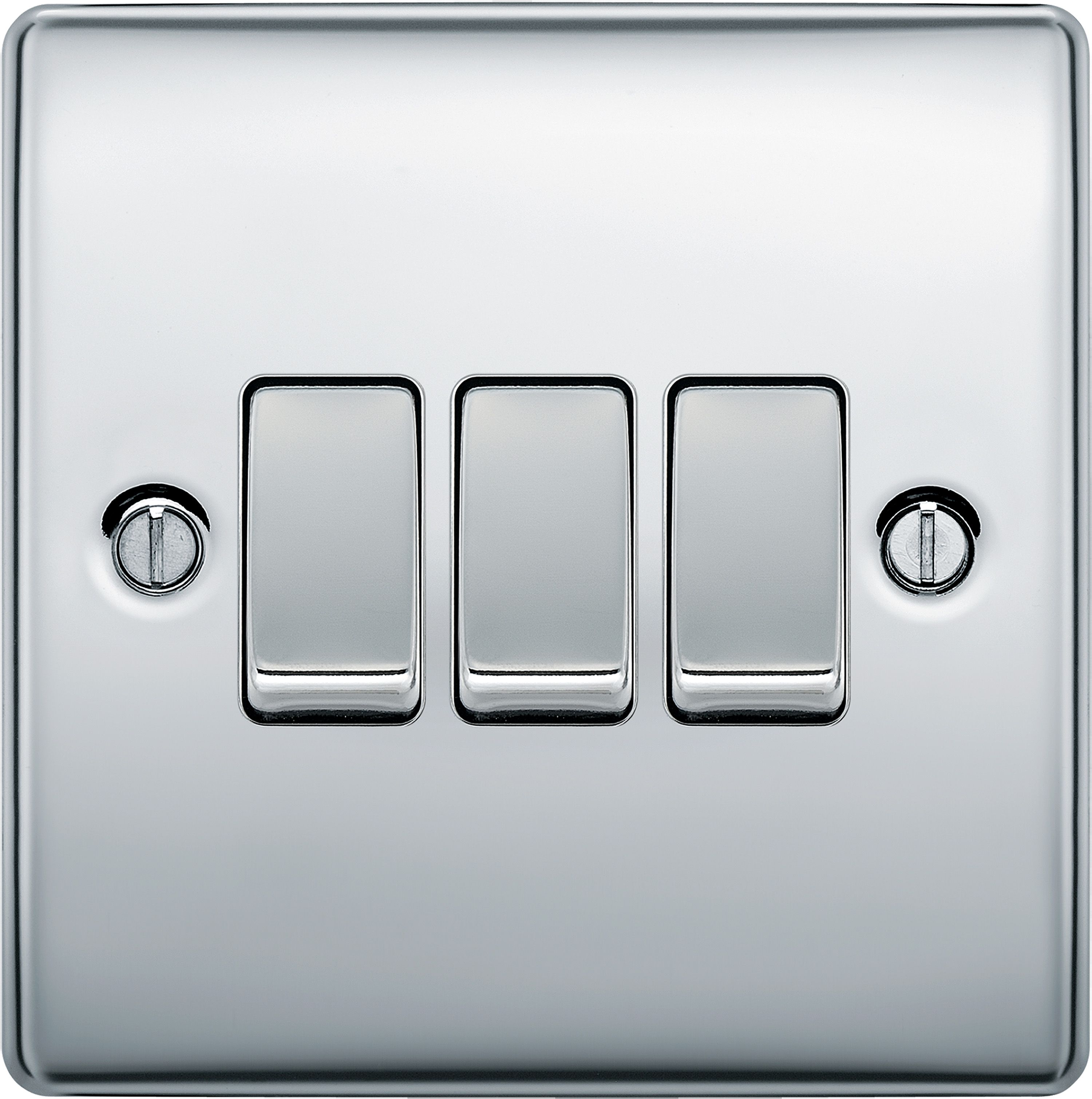 BG Screwless Flat Plate Polished Chrome Light Switch 3 Gang 2 Way 20A-16AX