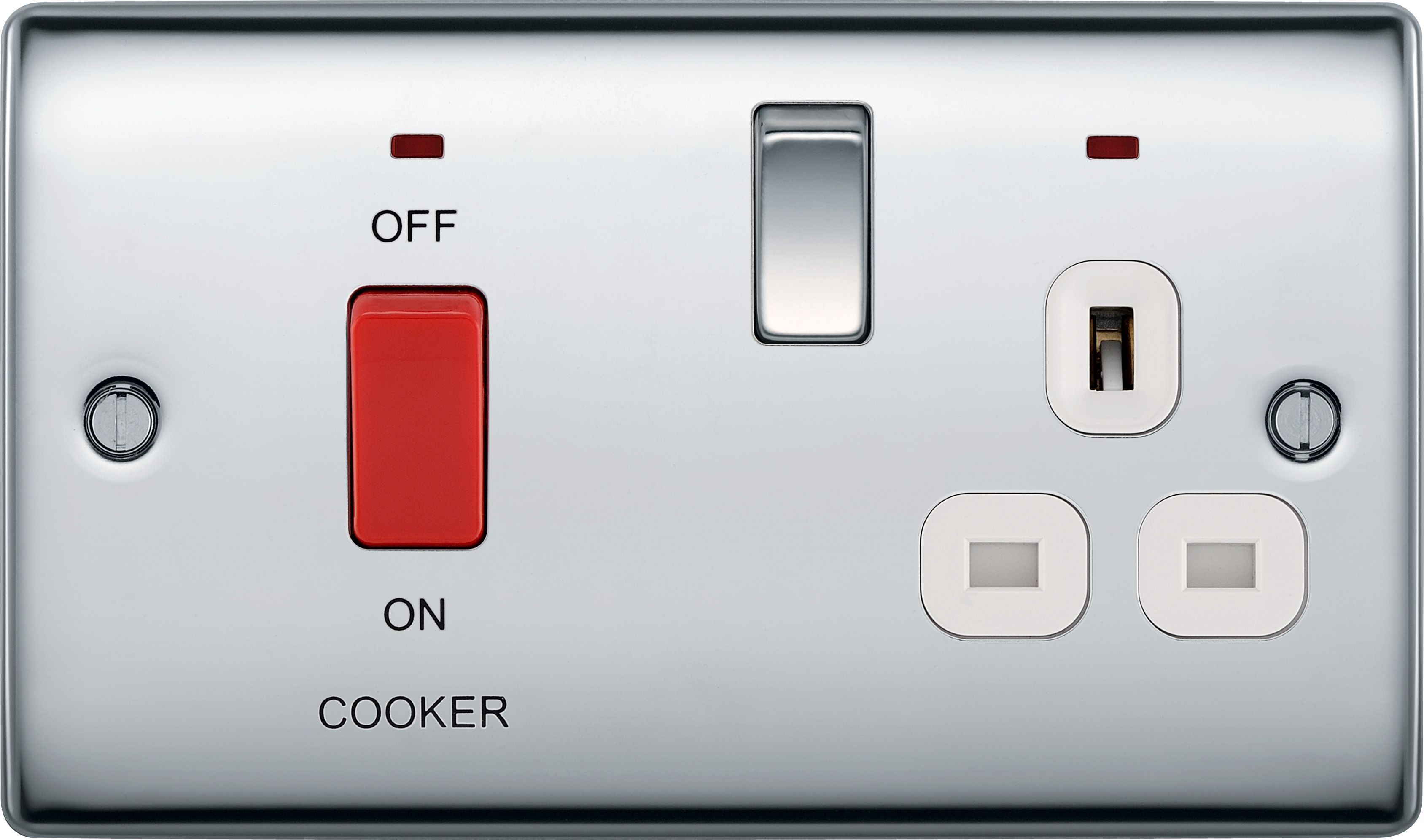 BG Chrome Cooker switch & socket with neon & White inserts